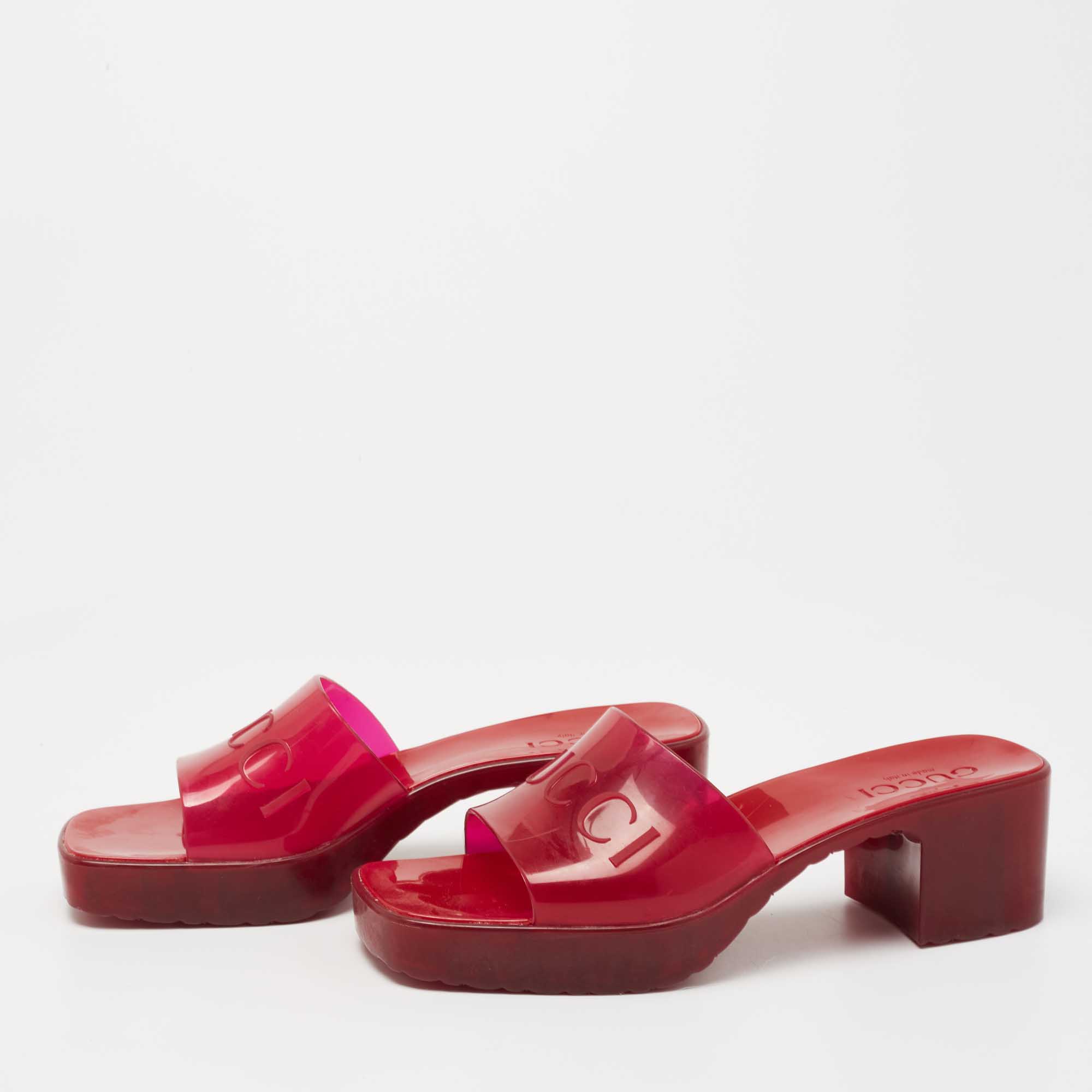 

Gucci Red PVC Logo Block Heel Slide Sandals Size