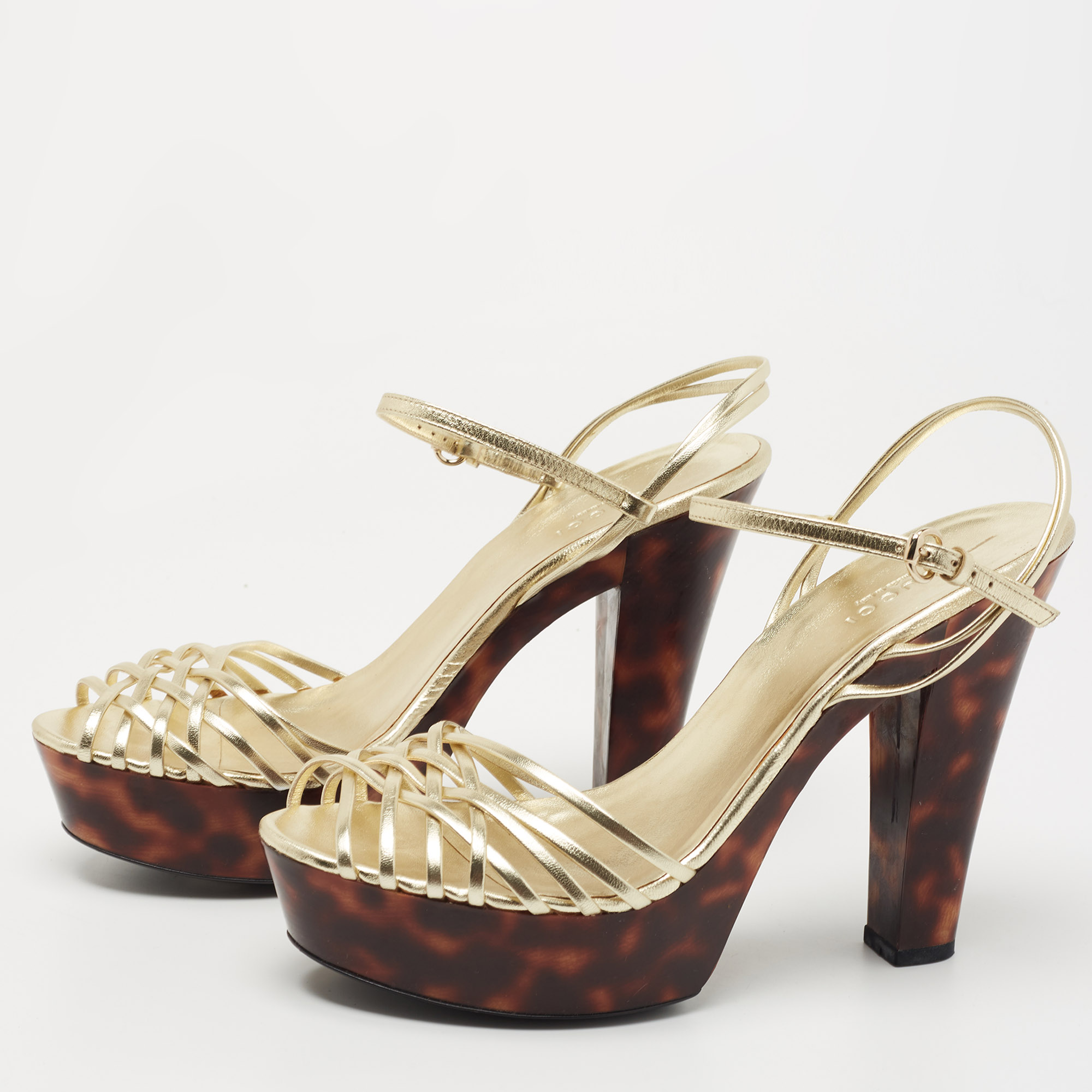 

Gucci Metallic Gold Leather Platform Ankle Strap Sandals Size