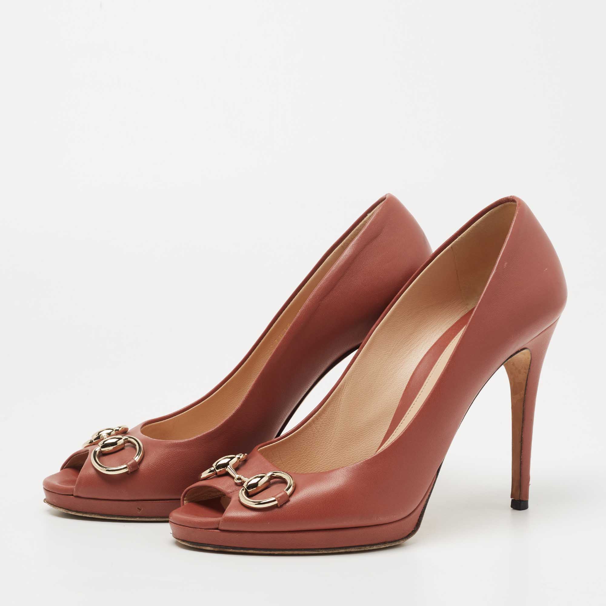 

Gucci Pink Leather Horsebit Peep Toe Platform Pumps Size