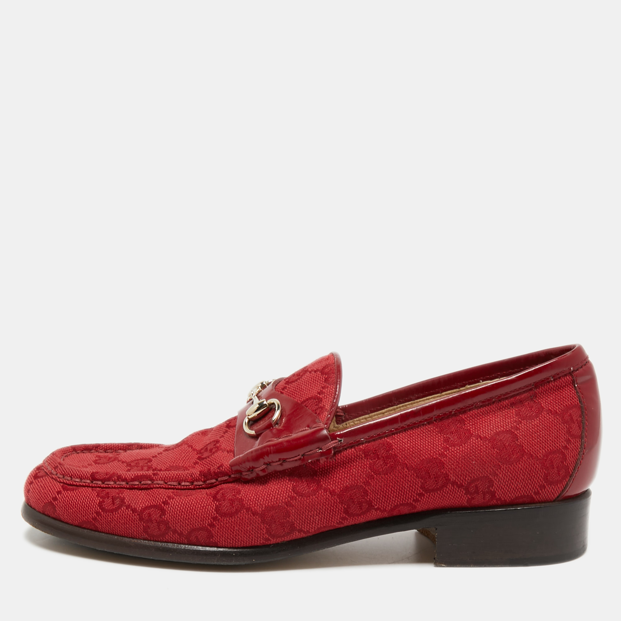 Pre Owned Gucci Red GG Canvas and Patent Leather Horsebit Loafers Size 38