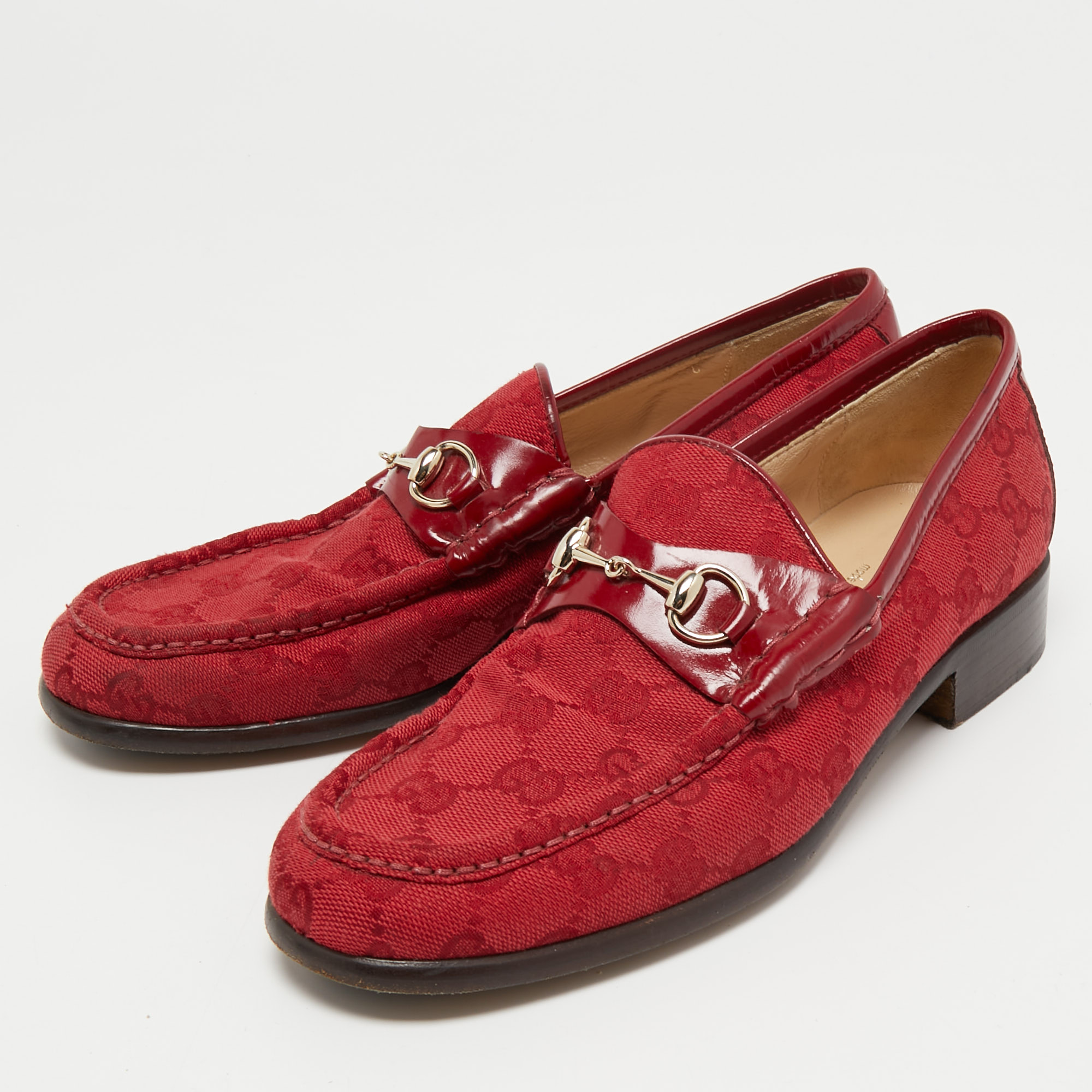 

Gucci Red GG Canvas and Patent Leather Horsebit Loafers Size