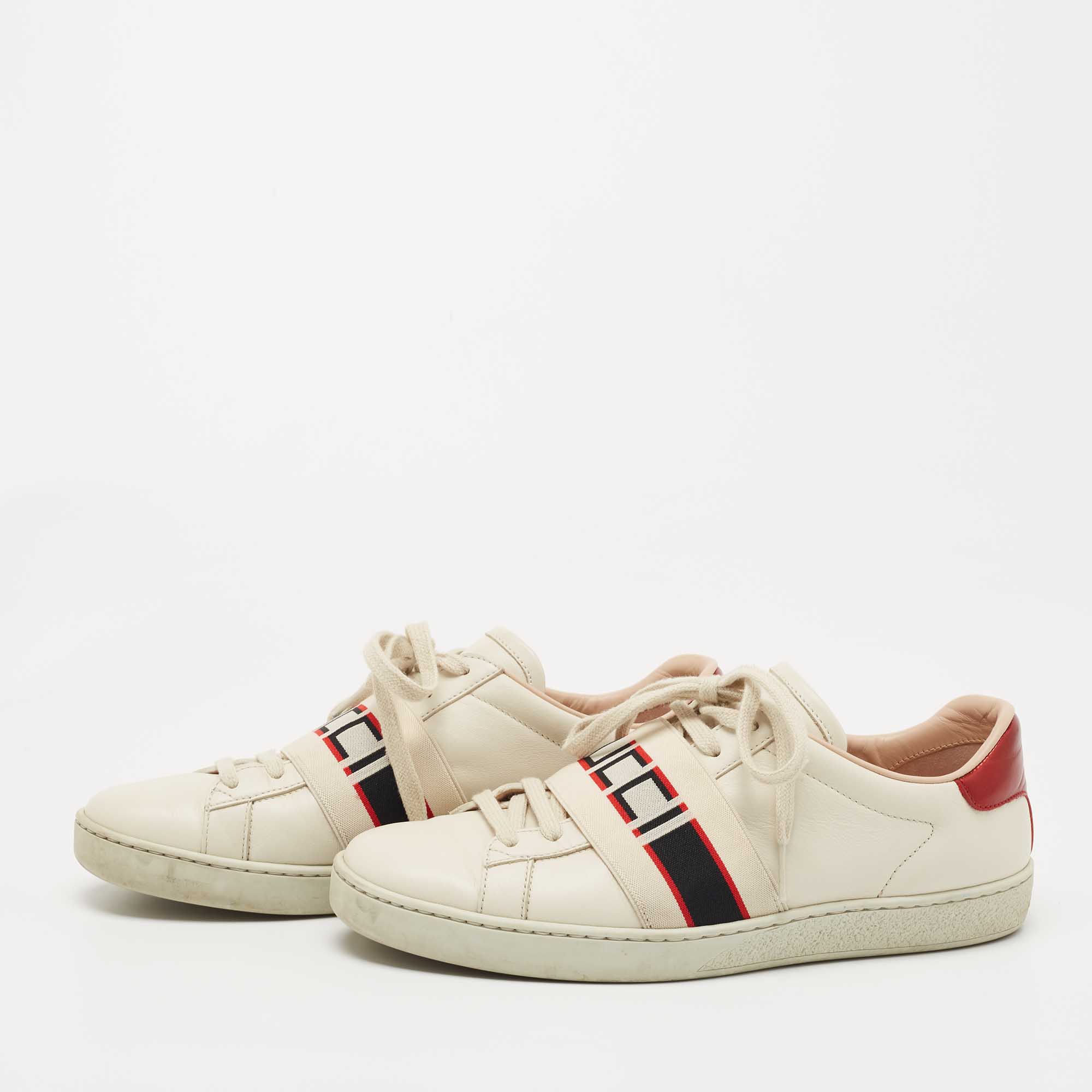 

Gucci Off White Leather Ace Stripe Low Top Sneakers Size