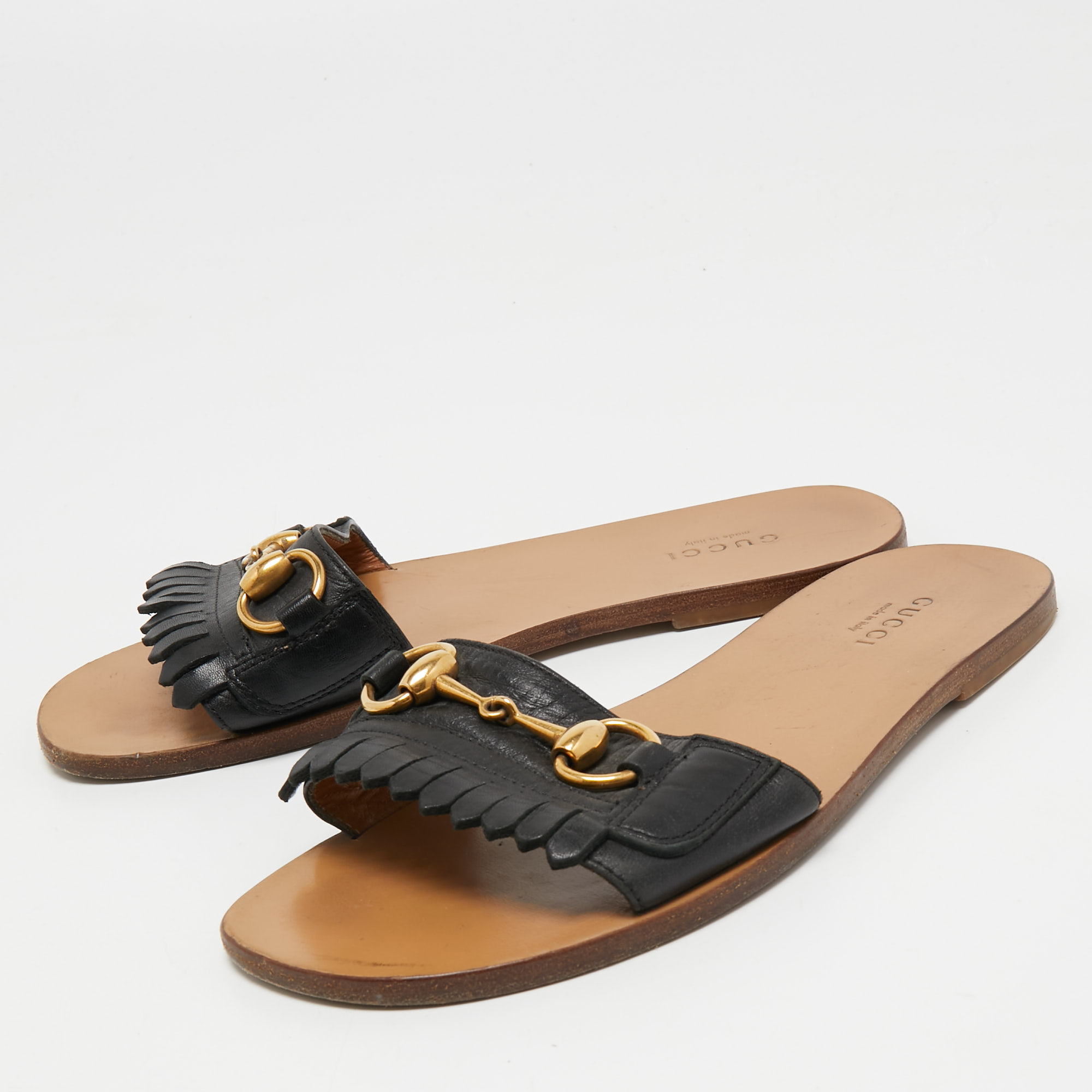 

Gucci Black Leather Varadero Horsebit Flat Slides Size