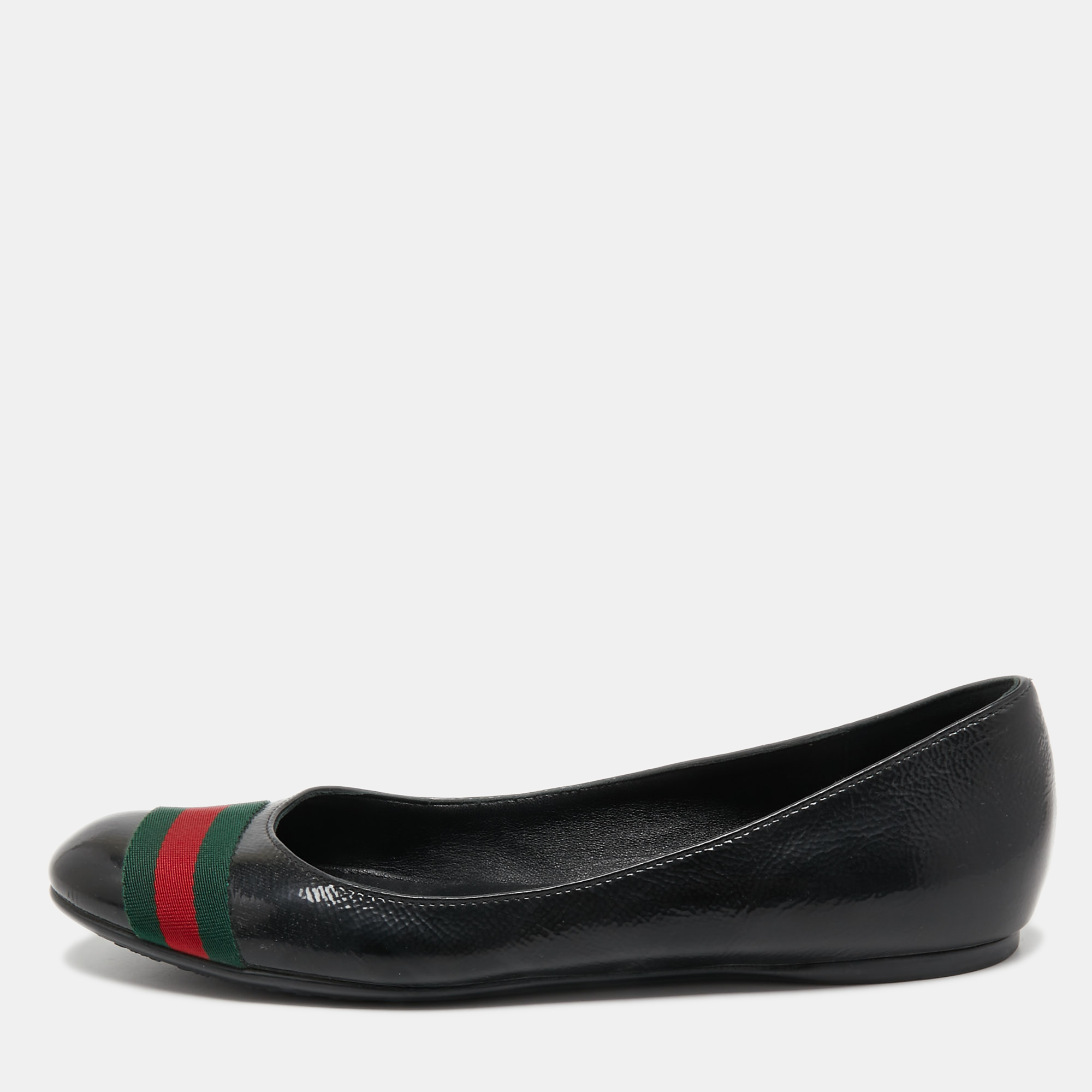 Pre-owned Gucci Black Patent Leather Web Stripe Ballet Flats Size 38.5