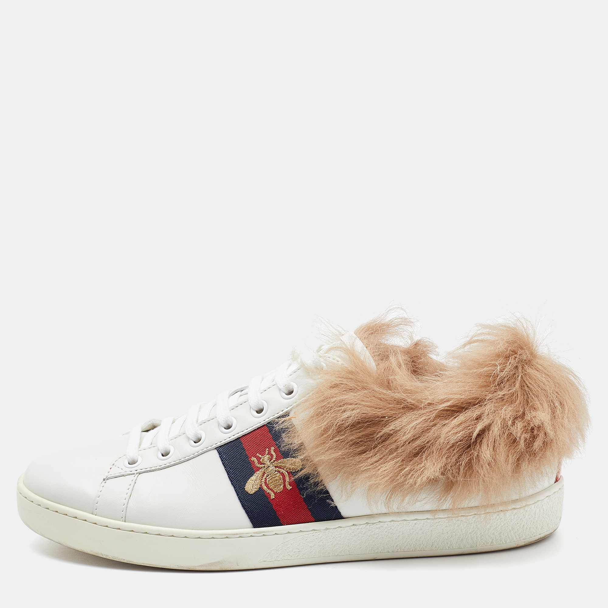 Gucci White Leather and Fur New Ace Bee Embroidered Low Top Sneakers Size 39
