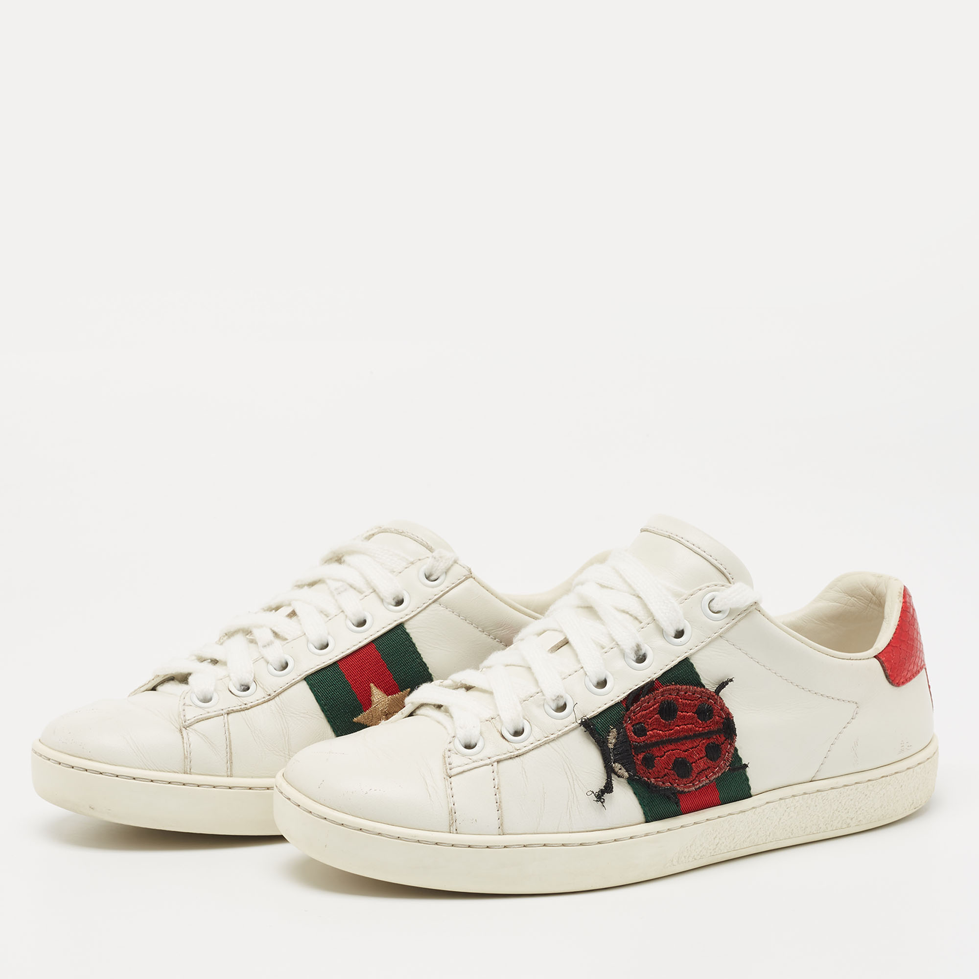 

Gucci White Leather Embroidered Ladybug and Pineapple Ace Sneakers Size