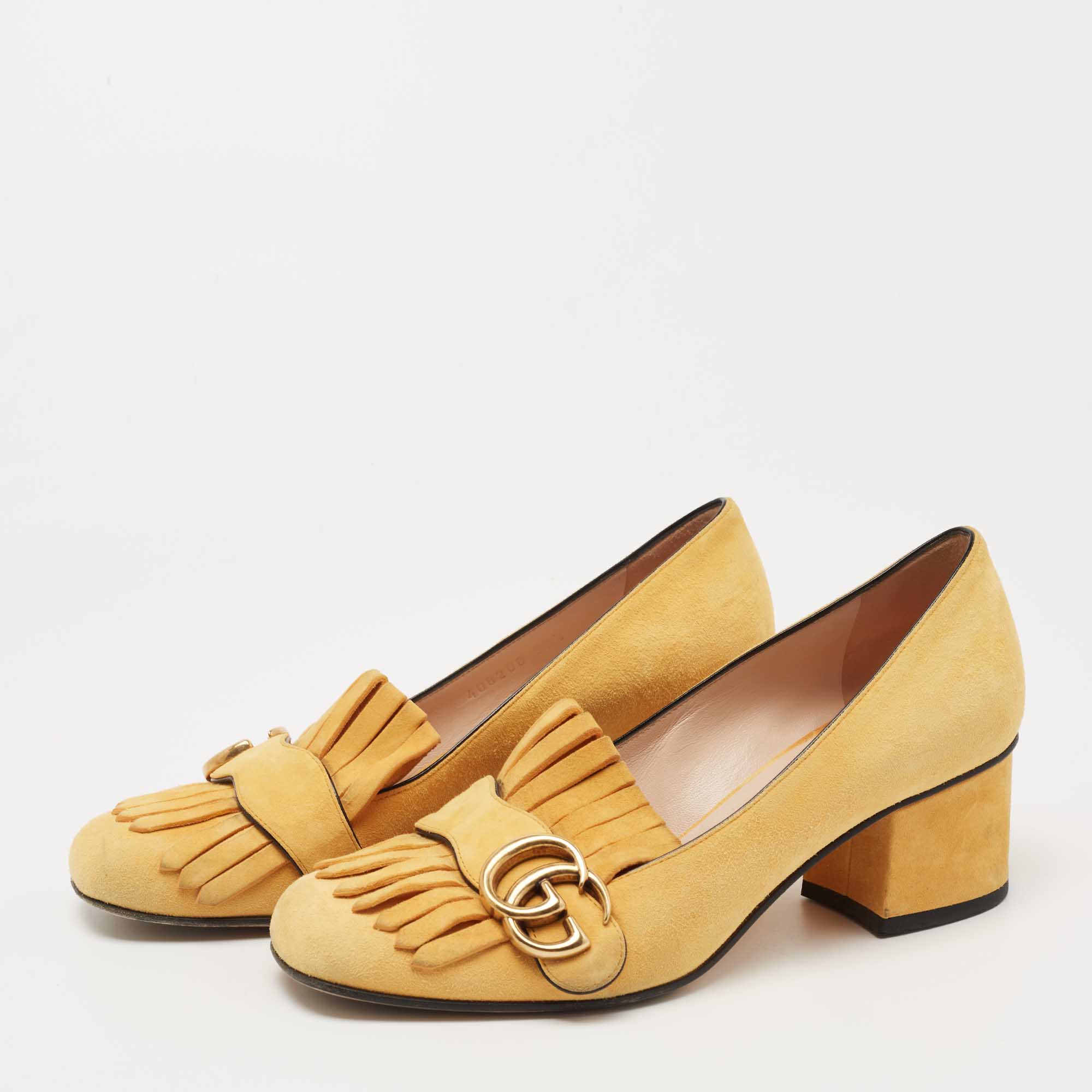 

Gucci Yellow Suede GG Marmont Fringe Pumps Size