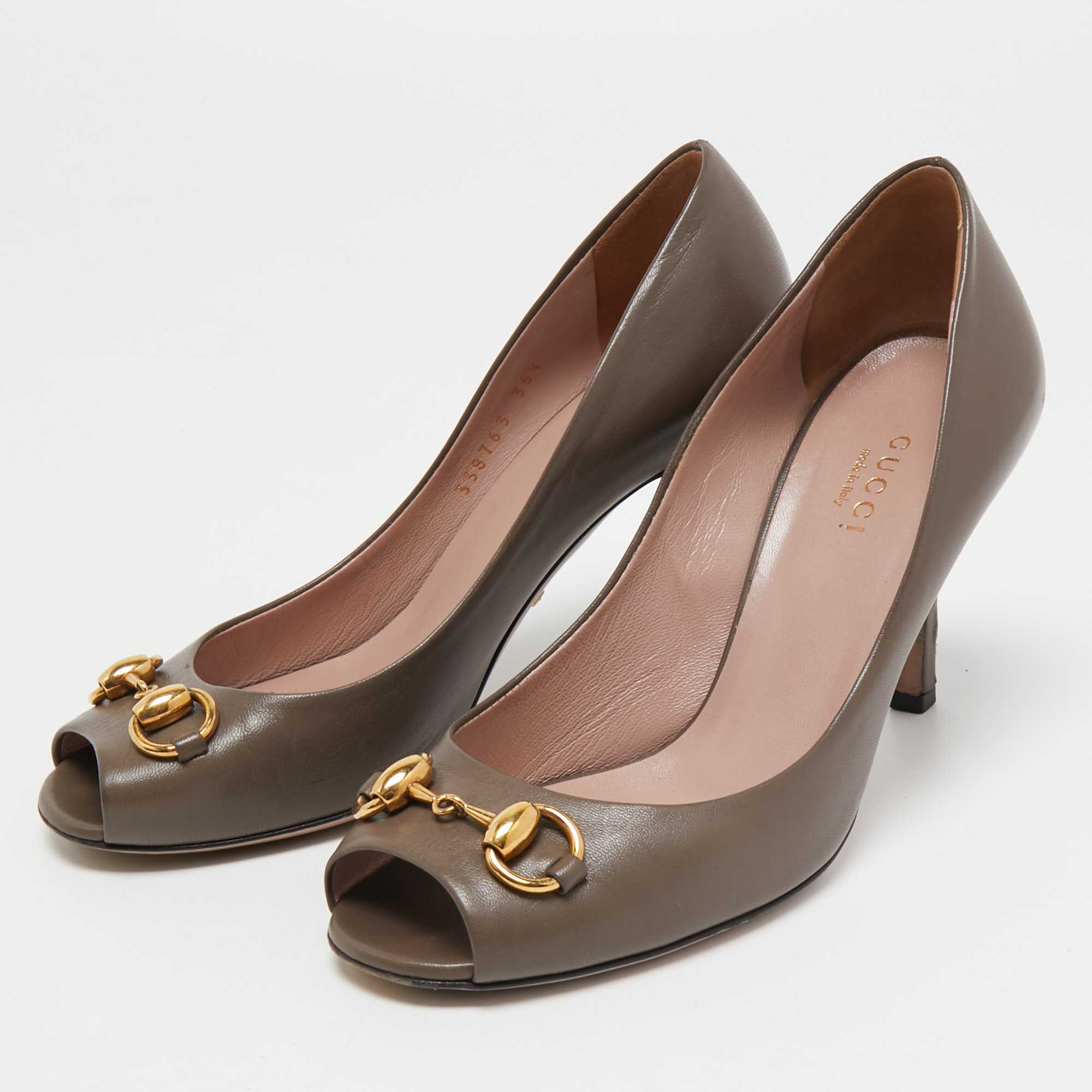 

Gucci Brown Leather Horsebit Peep Toe Pumps Size