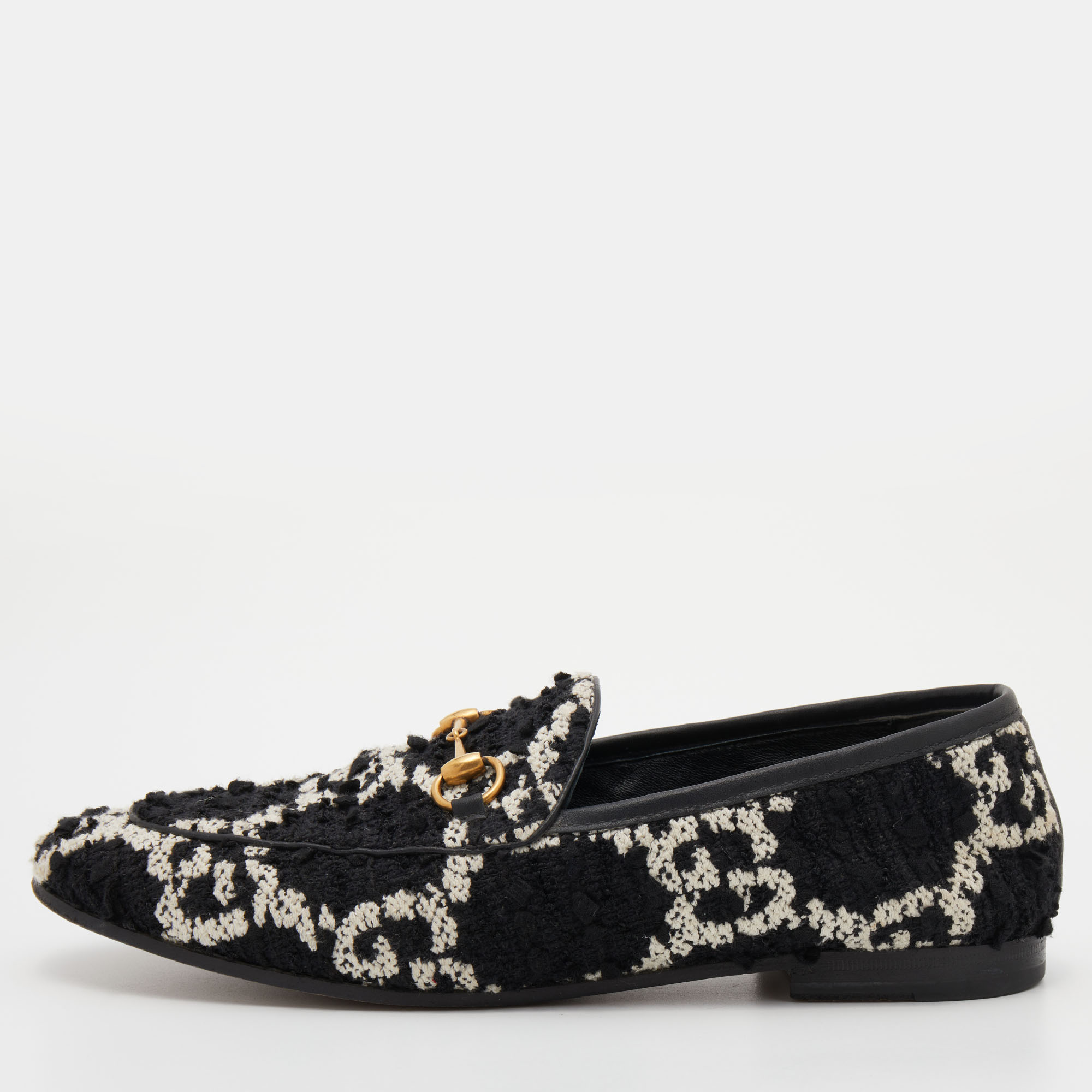 Pre-owned Gucci Black/white Tweed Jordaan Horsebit Loafers Size 38