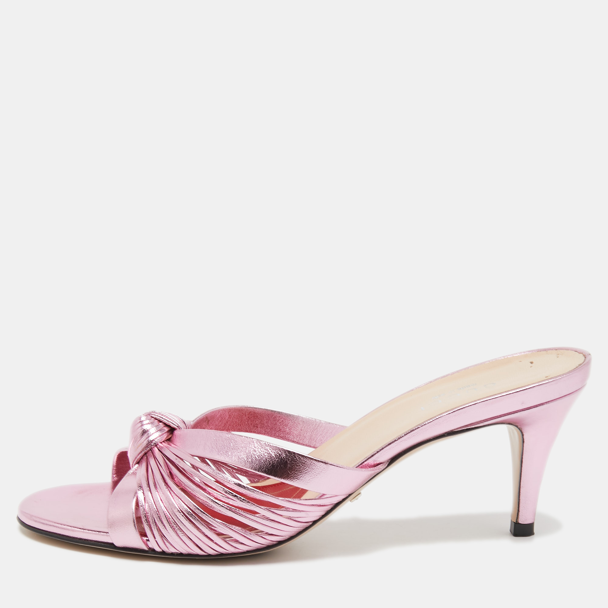 Pre-owned Gucci Metallic Pink Leather Knotted Slide Sandals Size 36.5