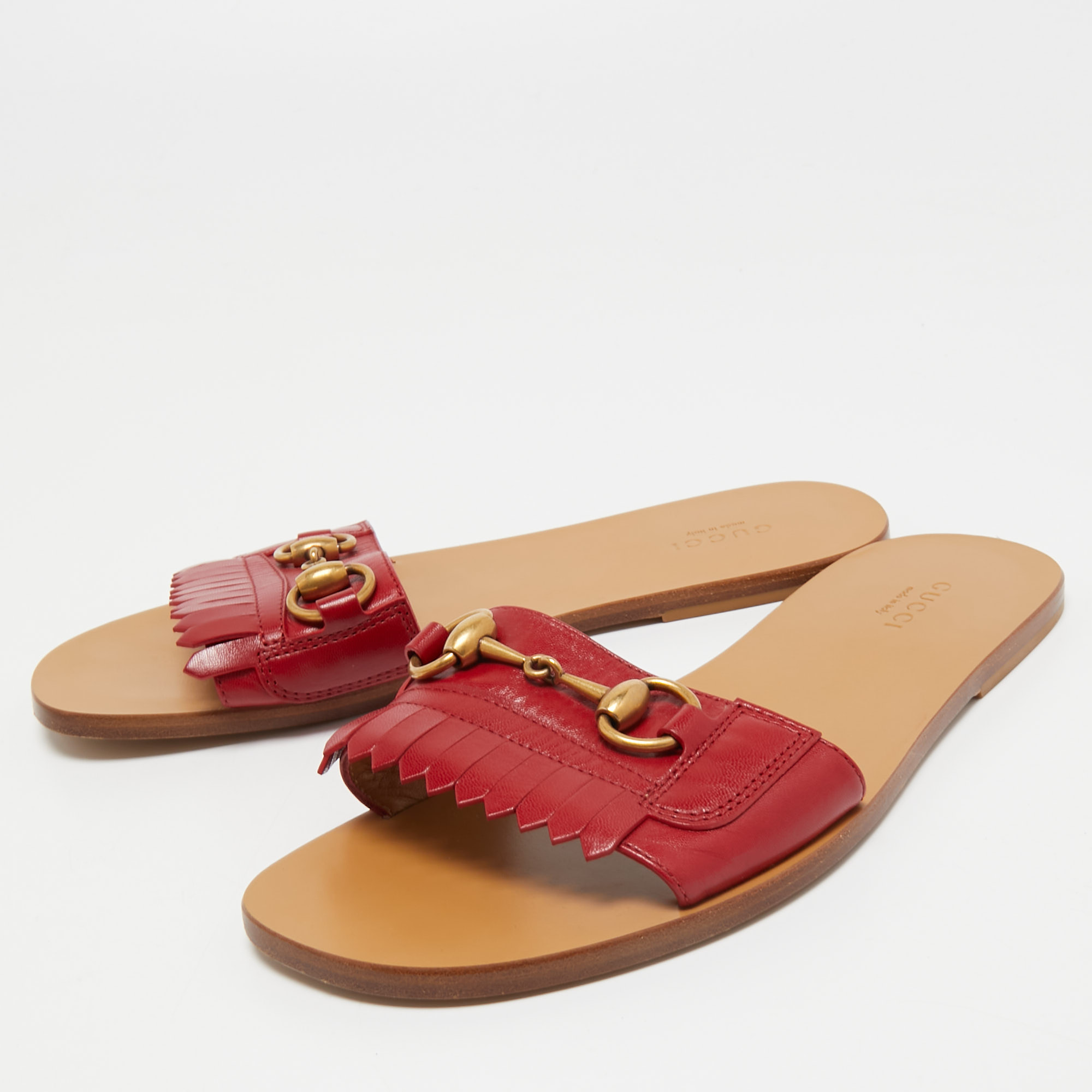 

Gucci Red Leather Fringe Horsebit Flat Slides Size