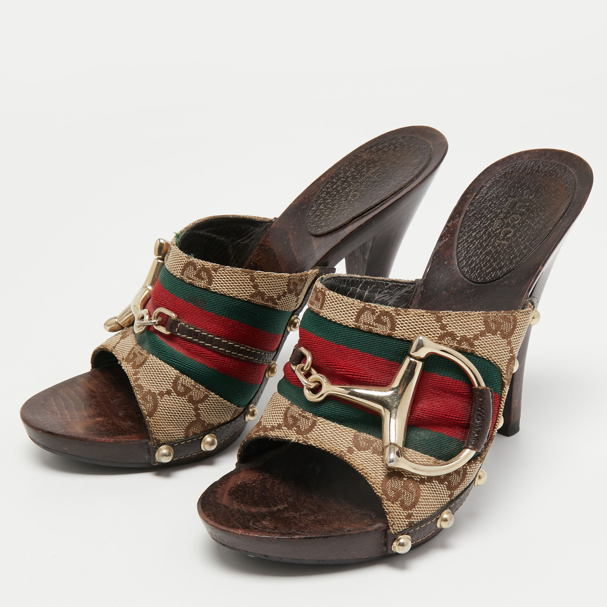 

Gucci Beige/Brown GG Canvas Horsebit Clogs Size