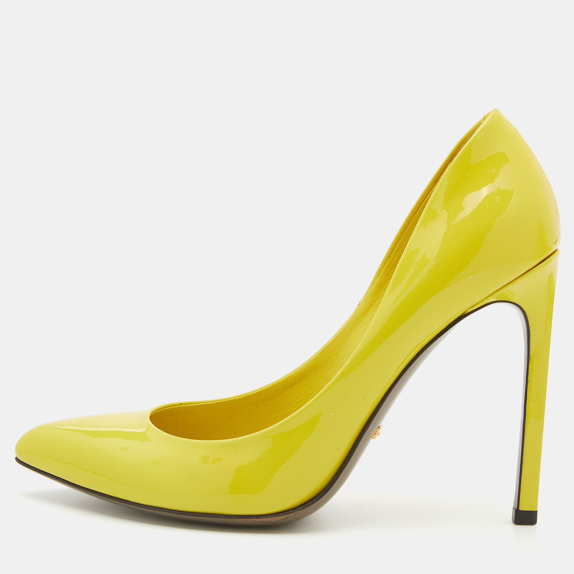 Pre-owned Gucci Bright Yellow Patent Leather Pointed Toe Pumps Size 37.5