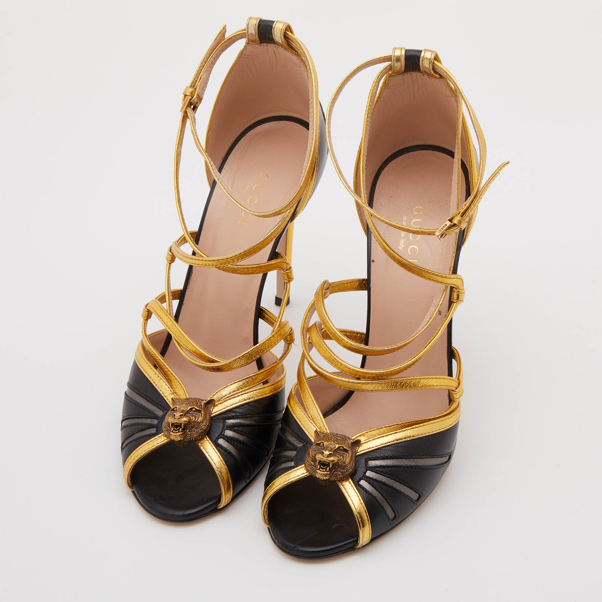 

Gucci Black/Gold Leather Tiger Head Ankle Strappy Sandals Size