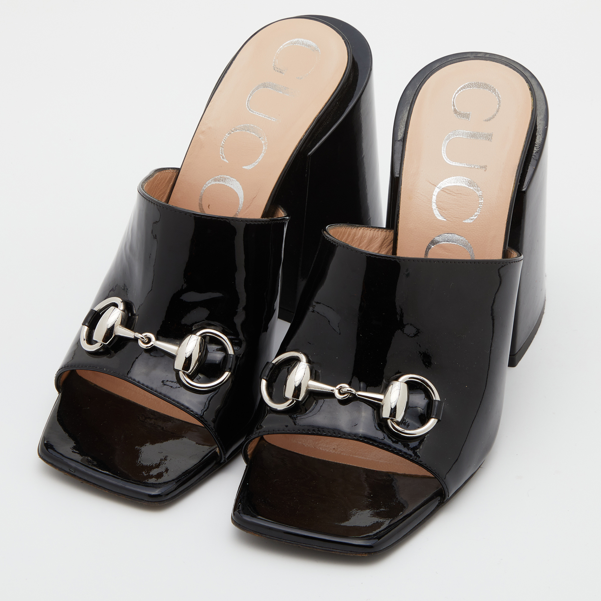 

Gucci Black Patent Leather Lexi Block Heel Slide Sandals Size