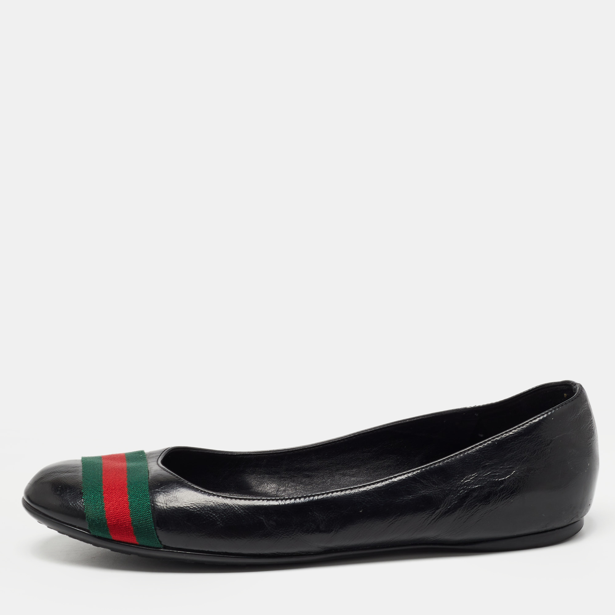 Pre-owned Gucci Black Leather Web Detail Ballet Flats Size 39