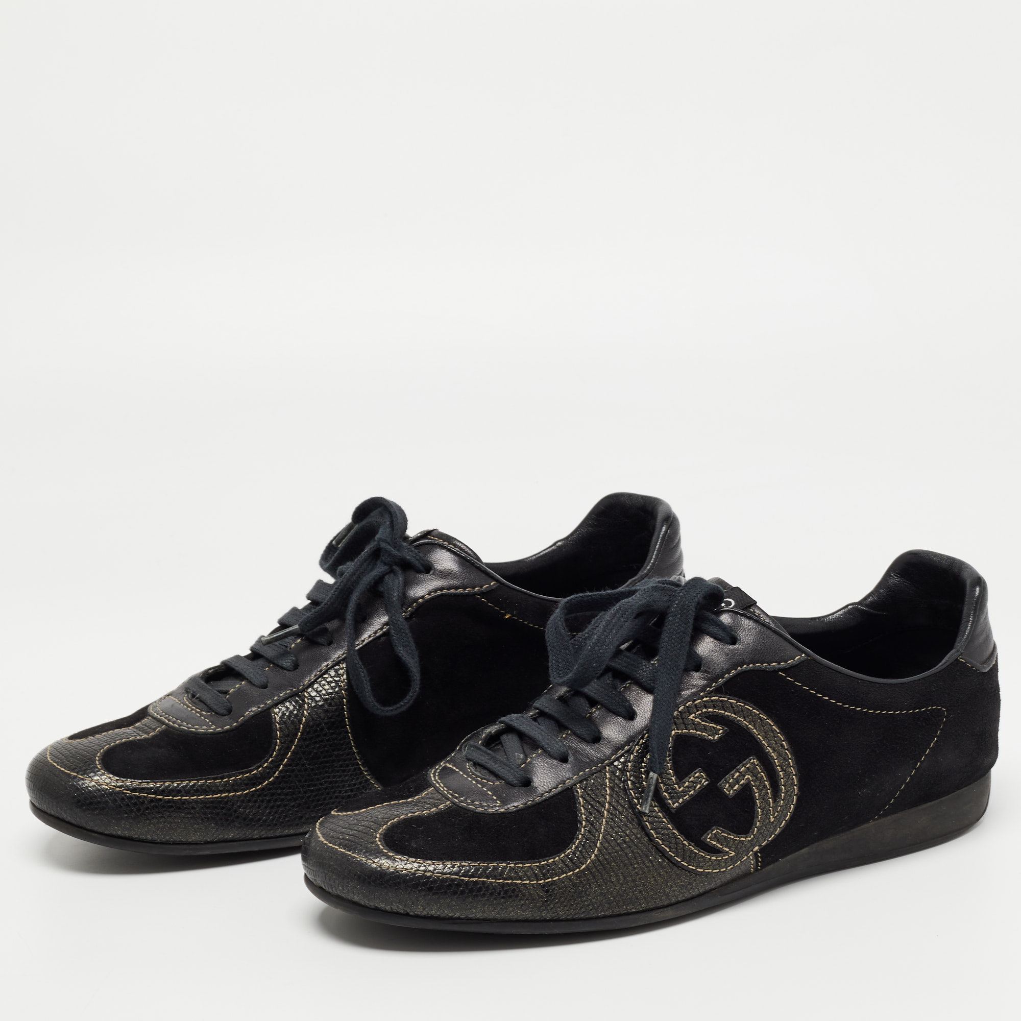 

Gucci Black Suede and Textured Leather GG Low Top Sneakers Size