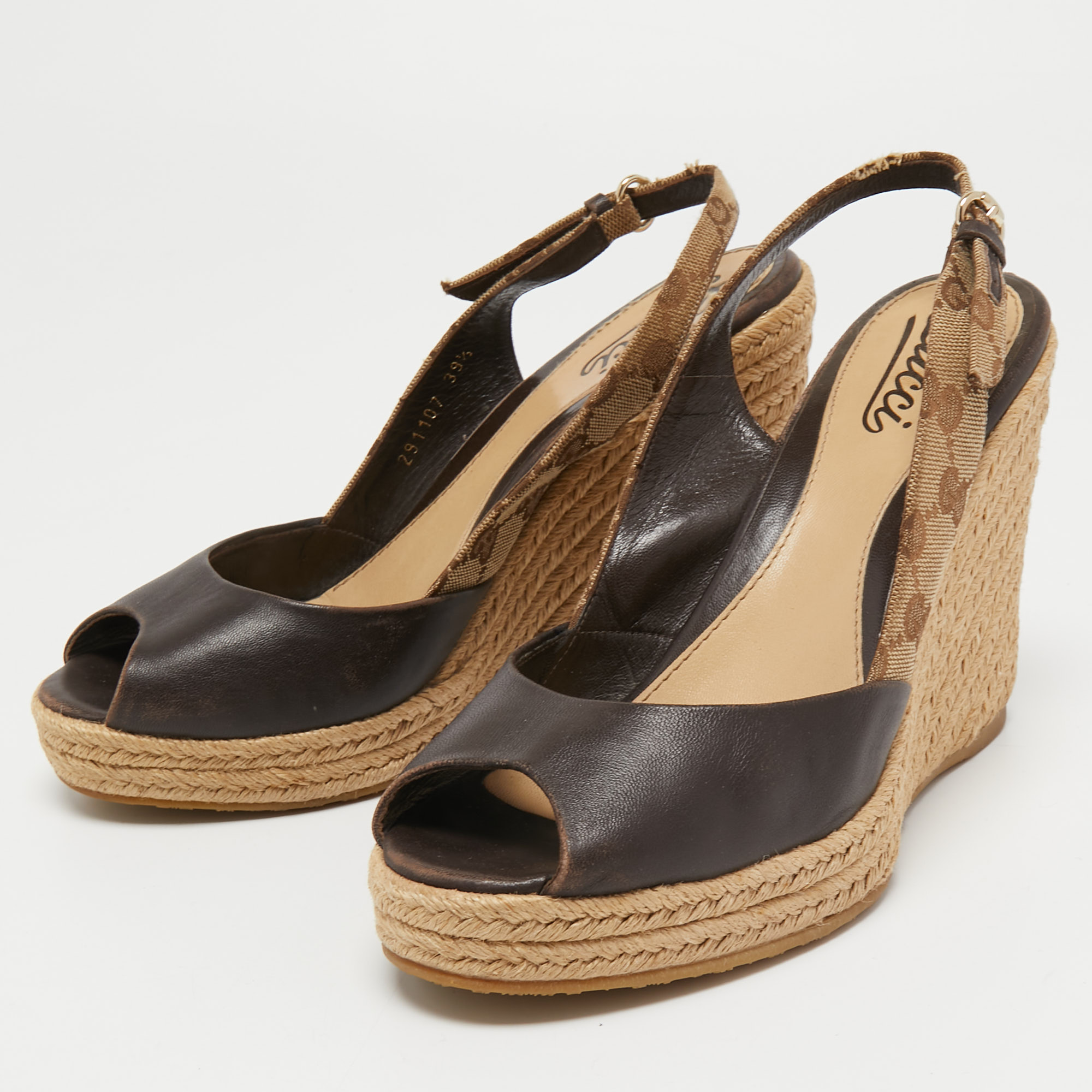 

Gucci Brown Monogram Canvas and Leather Slingback Wedge Pumps Size