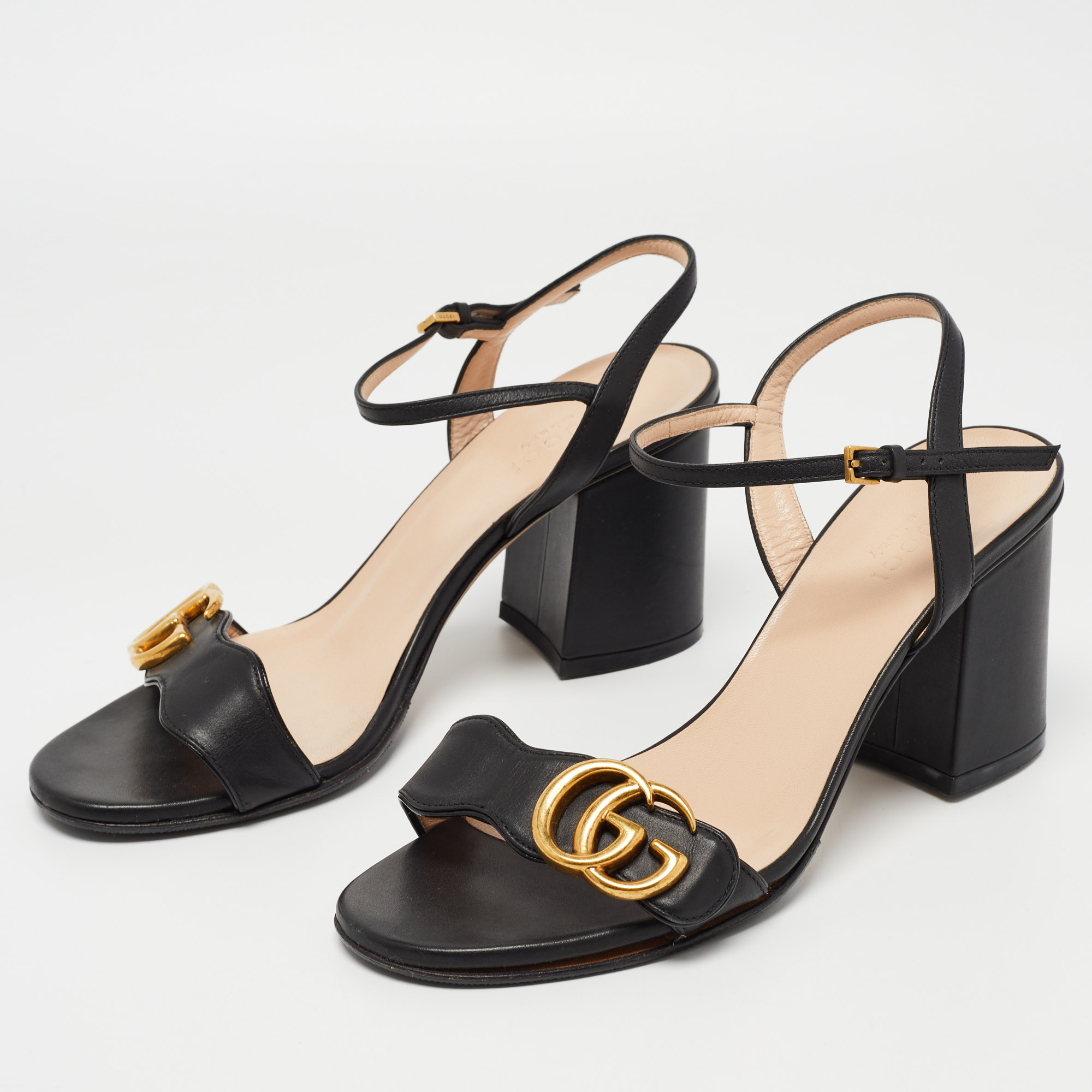 

Gucci Black Leather GG Marmont Ankle Strap Sandals Size