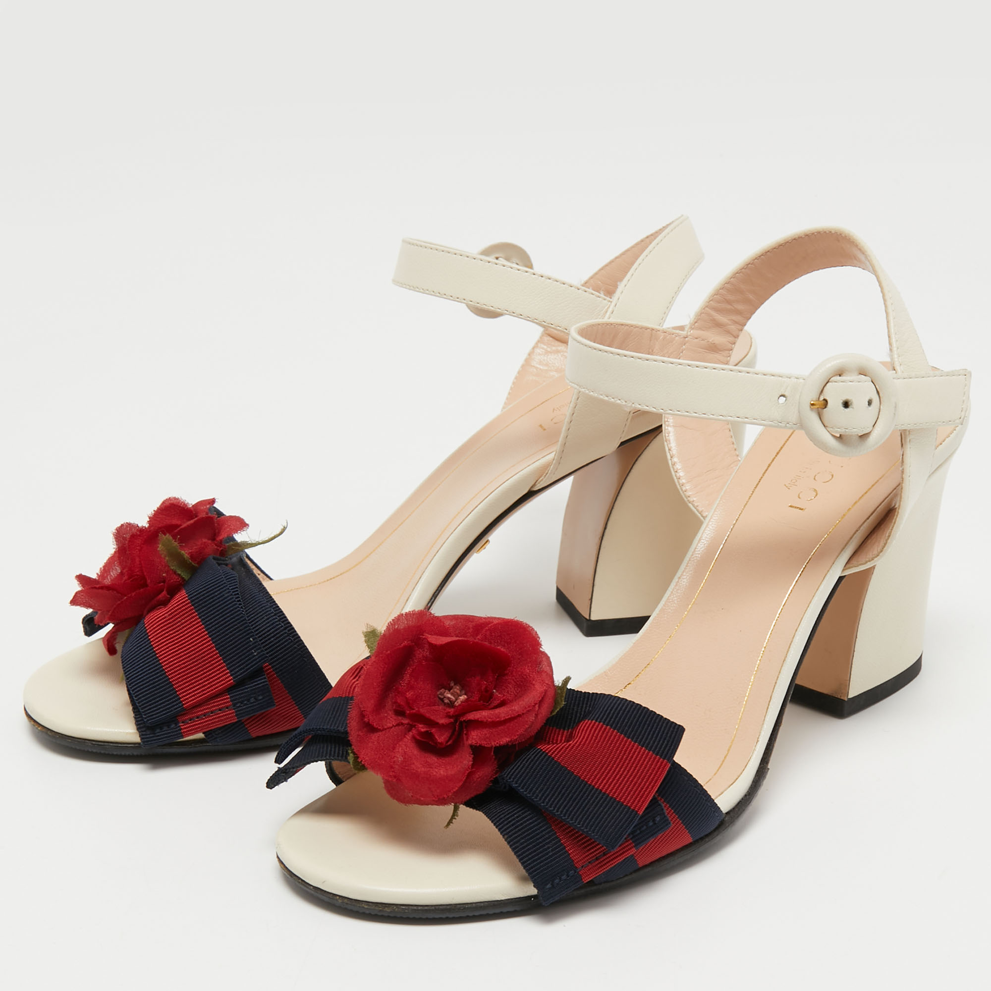 

Gucci Tricolor Leather and Canvas Bow Flower Ankle Strap Sandals Size, Cream