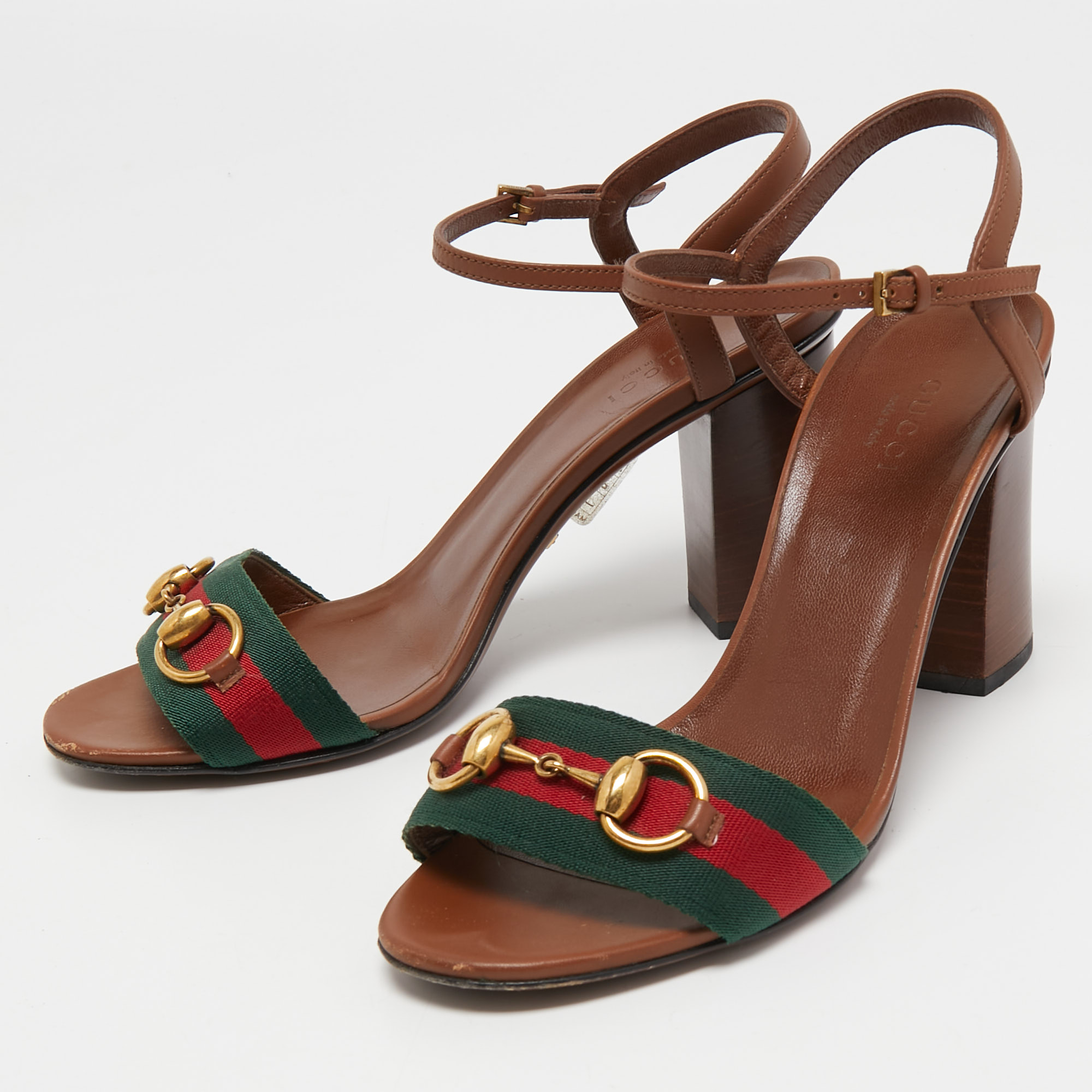 

Gucci Brown Leather Horsebit Web Stripe Detail Ankle Strap Block Heel Sandals Size