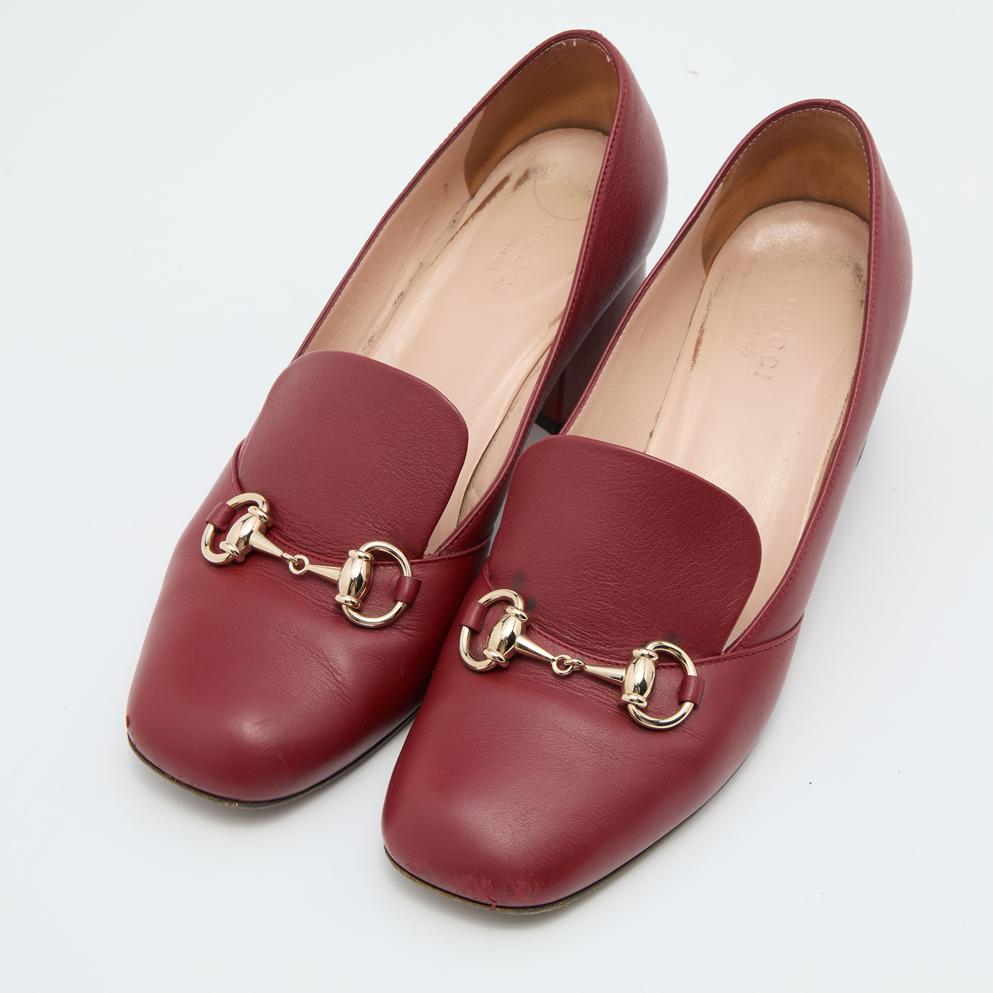 

Gucci Burgundy Leather Horsebit Block Heel Loafer Pumps Size