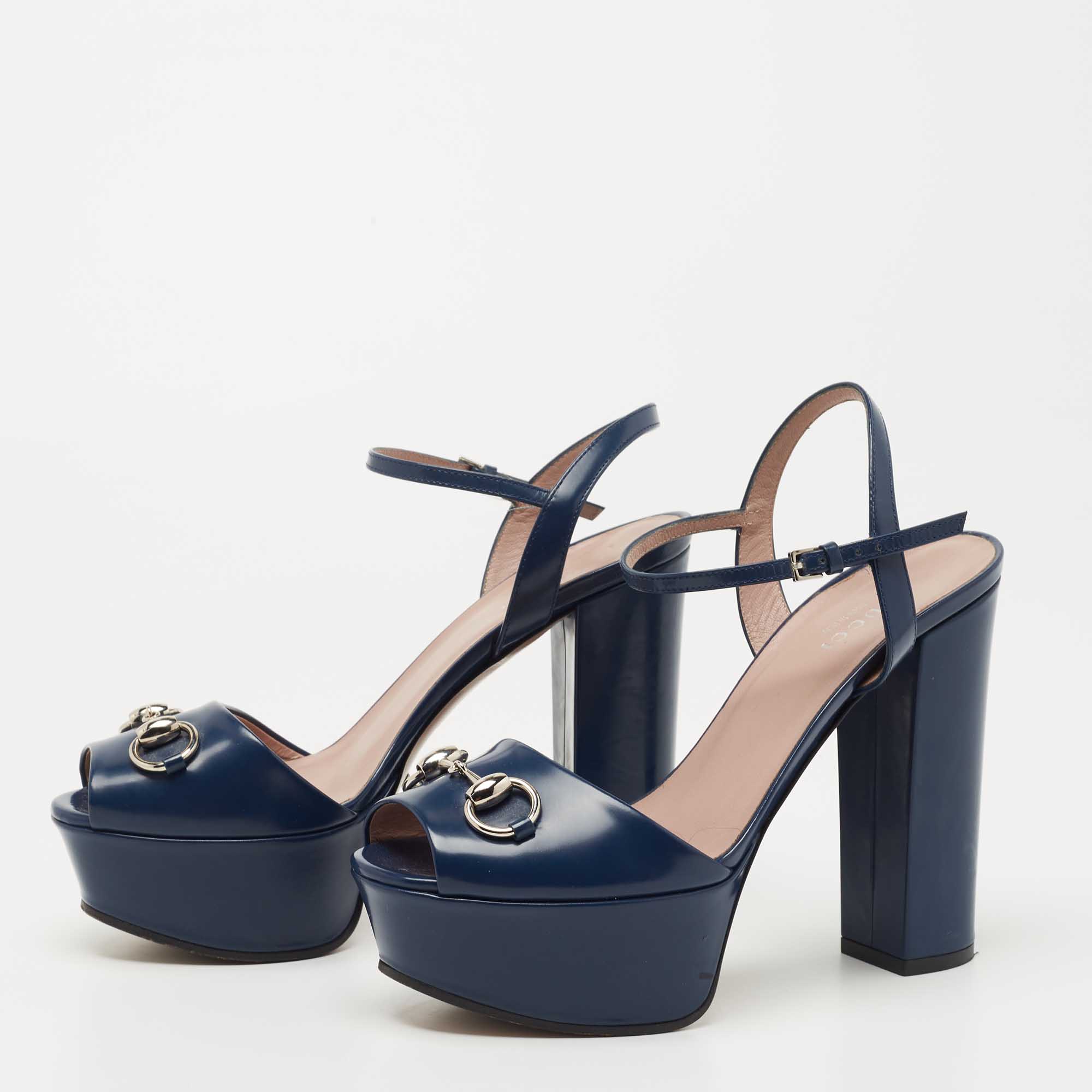 

Gucci Navy Blue Patent Leather Claudie Ankle Strap Sandals Size