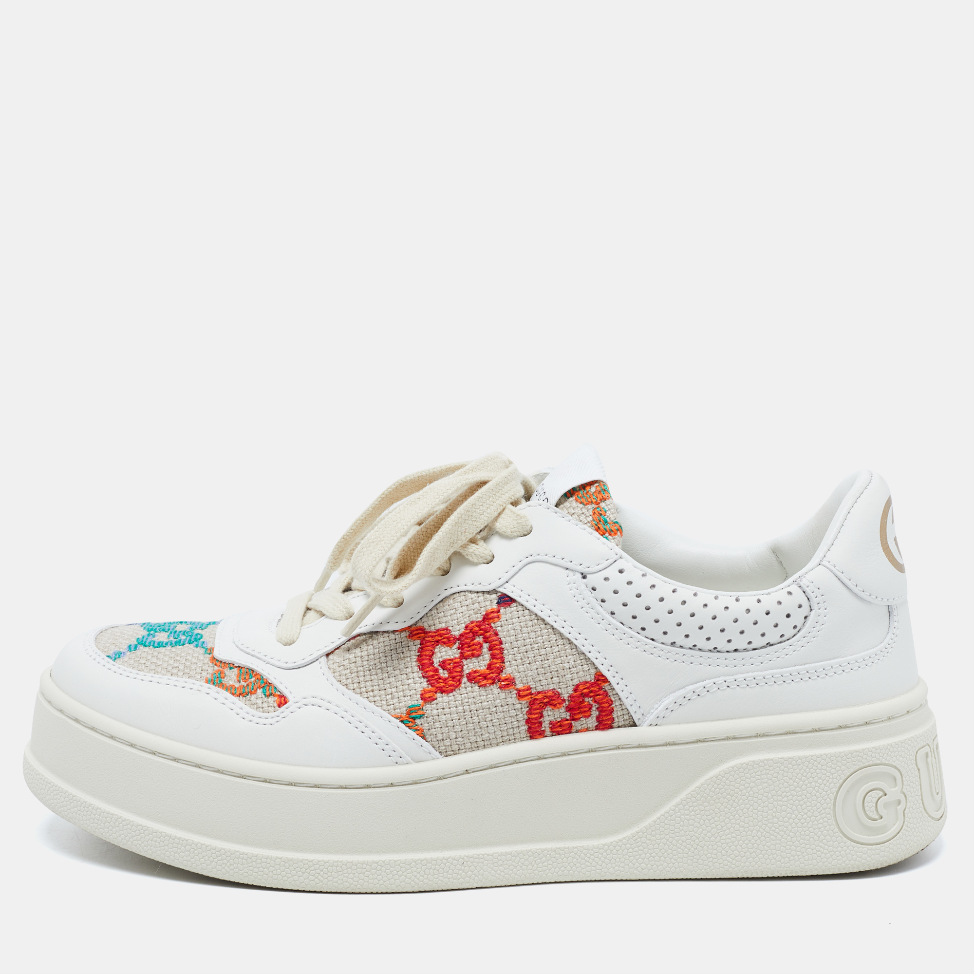 Pre Owned Gucci White/Beige Canvas and Leather GG Lace Up Sneakers Size 38