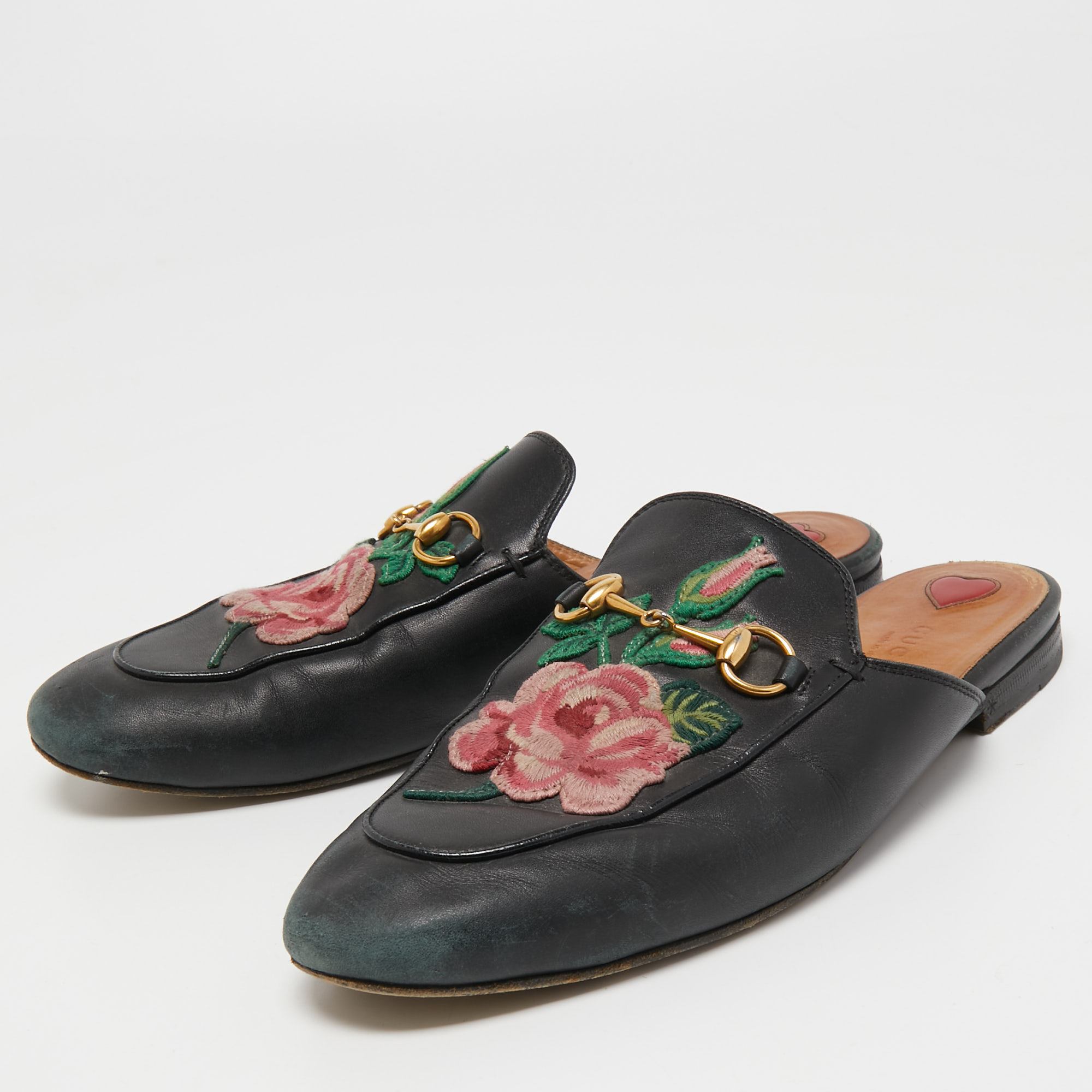 

Gucci Black Leather Rose Embroidered Princetown Horsebit Flat Mules Size
