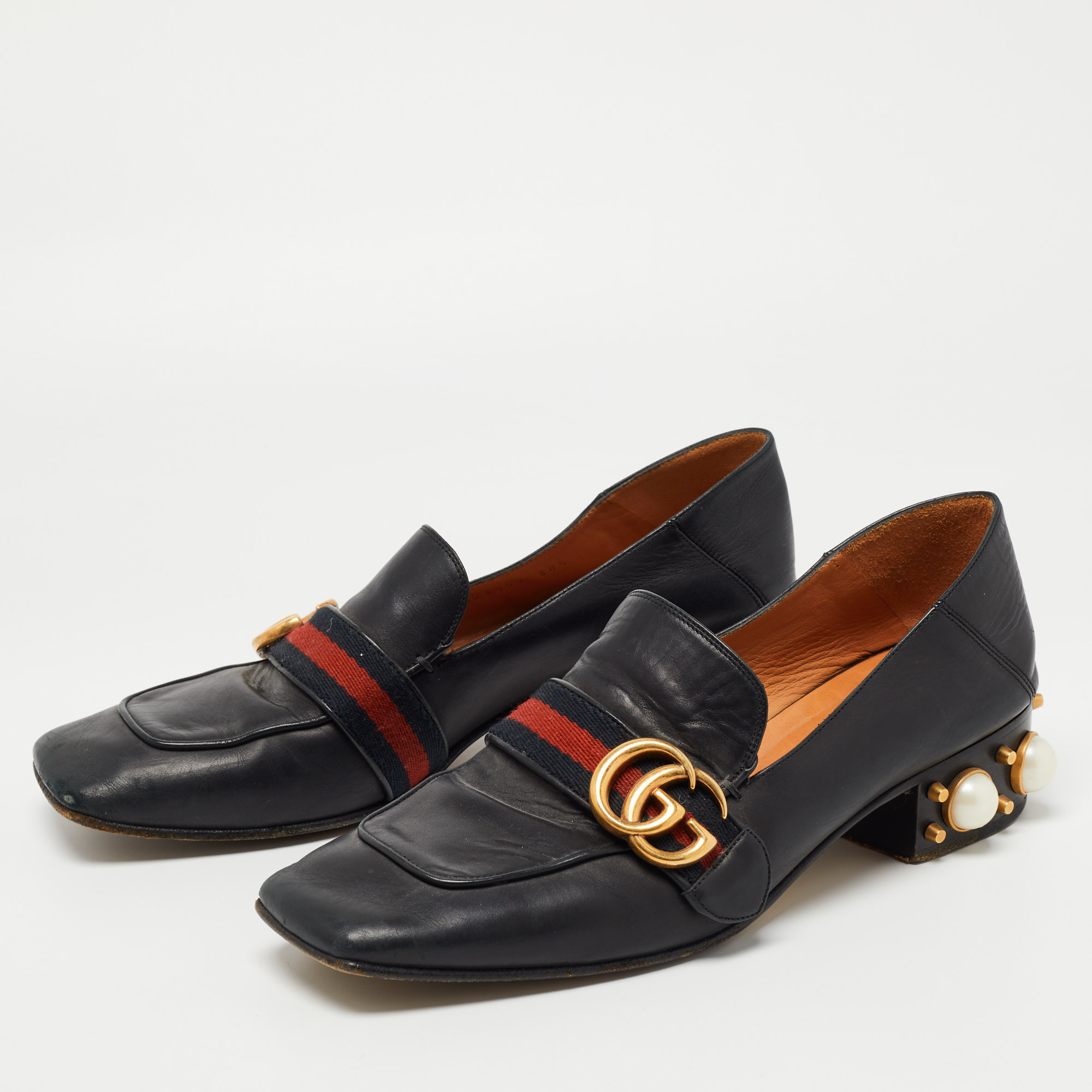 

Gucci Black Leather GG Marmont Web Pearl Embellished Heel Loafer Pumps Size