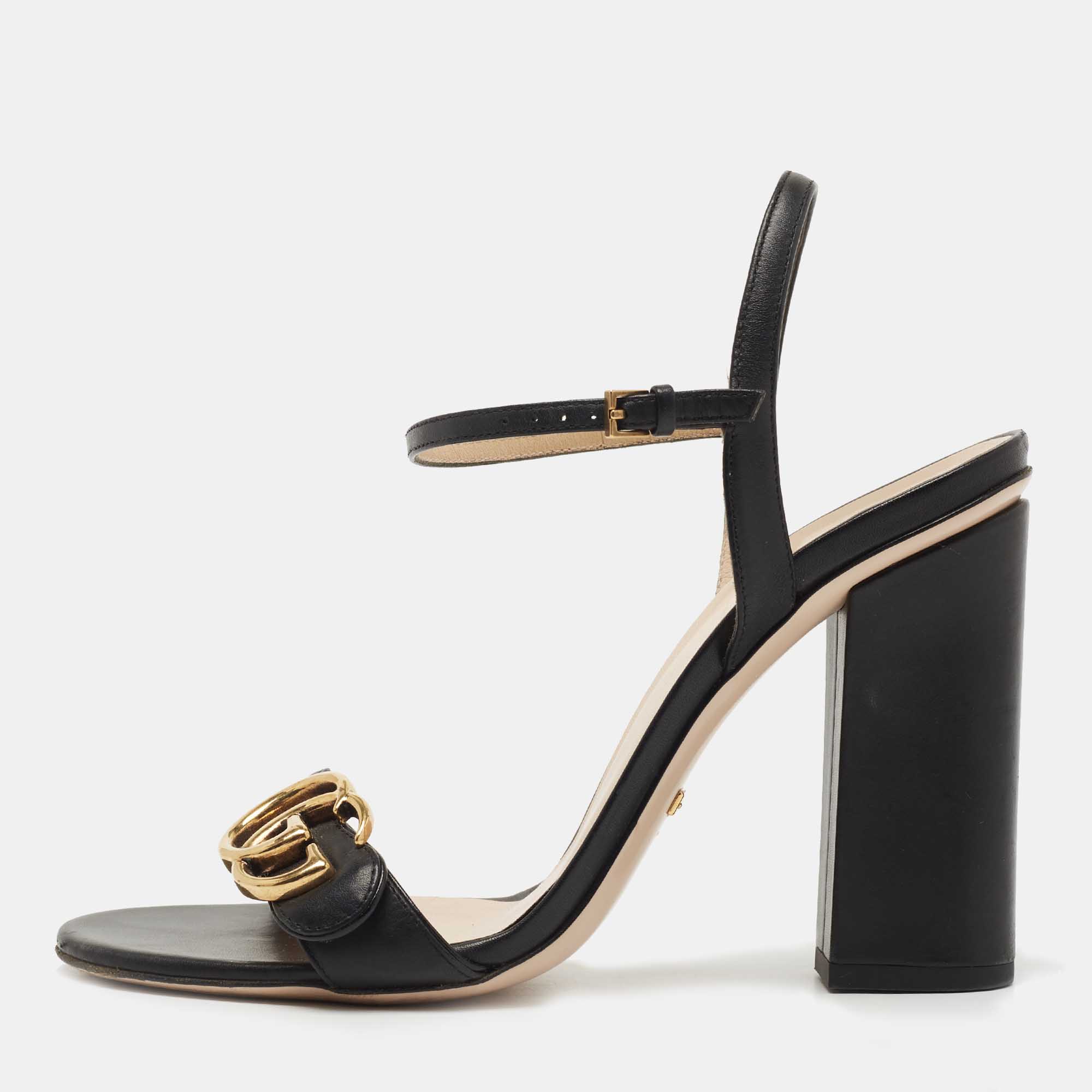 Pre Owned Gucci Black Leather GG Marmont Ankle Strap Sandals Size 37.5