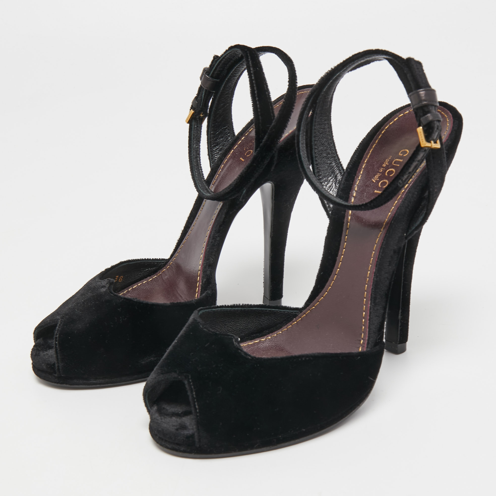 

Gucci Black Velvet Peep Toe Platform Ankle Strap Sandals Size