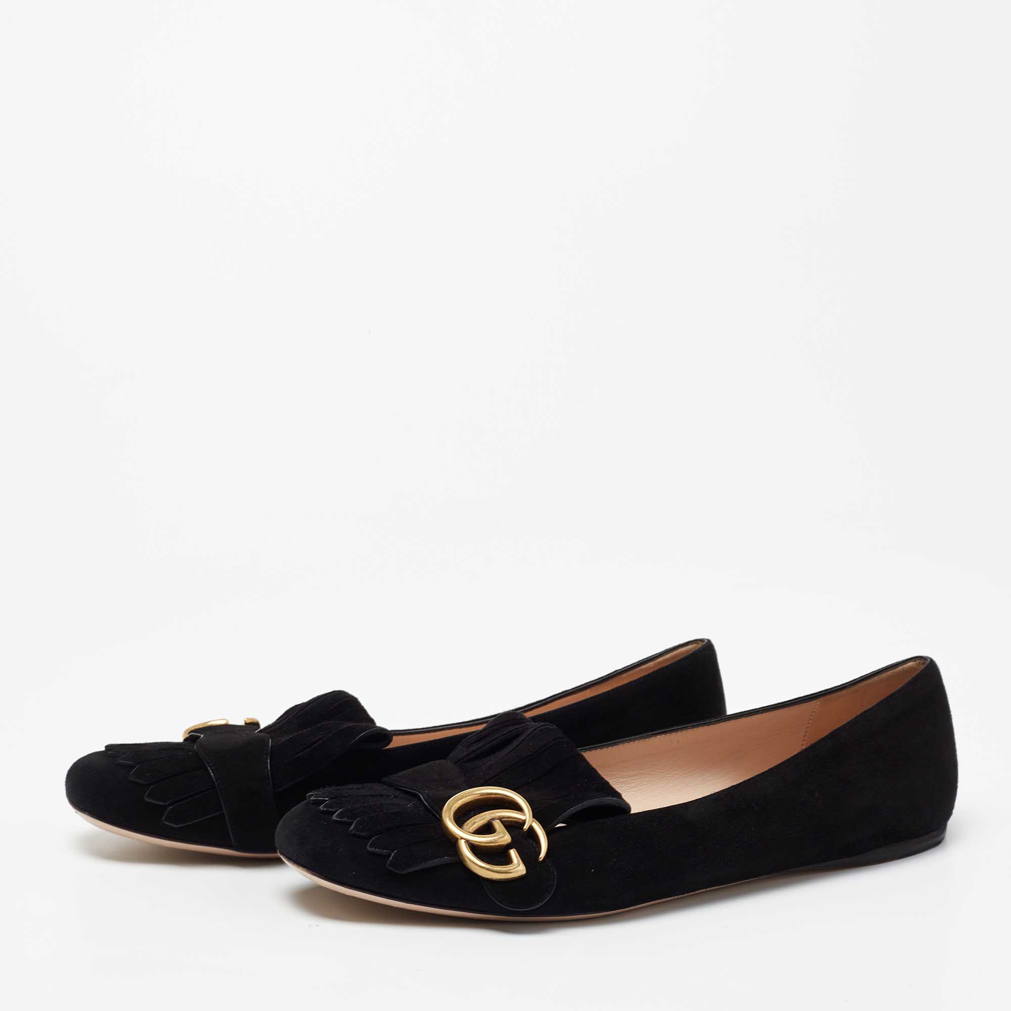 

Gucci Black Suede Double G Fringes Ballet Flats Size