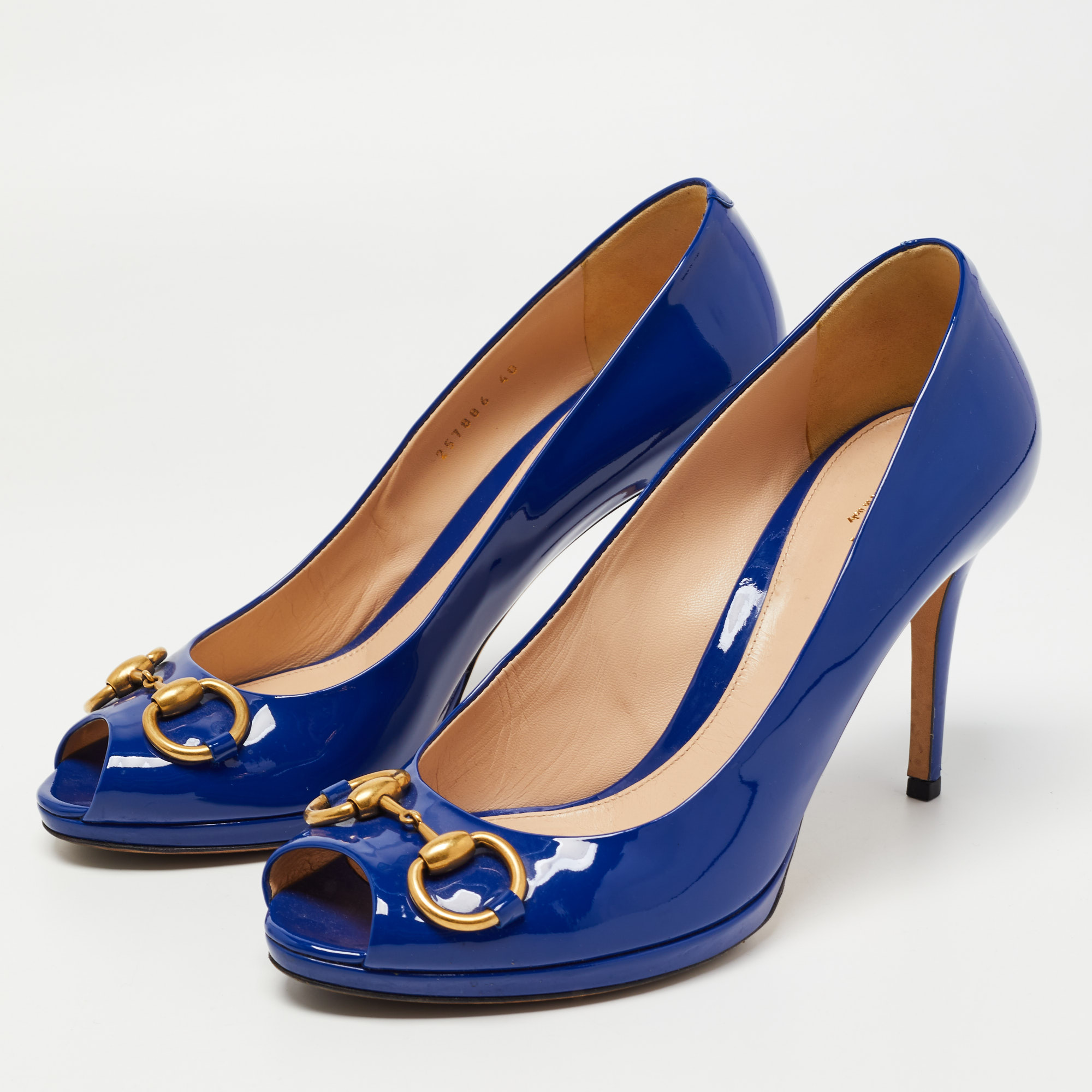 

Gucci Blue Patent Leather New Hollywood Peep Toe Pumps Size