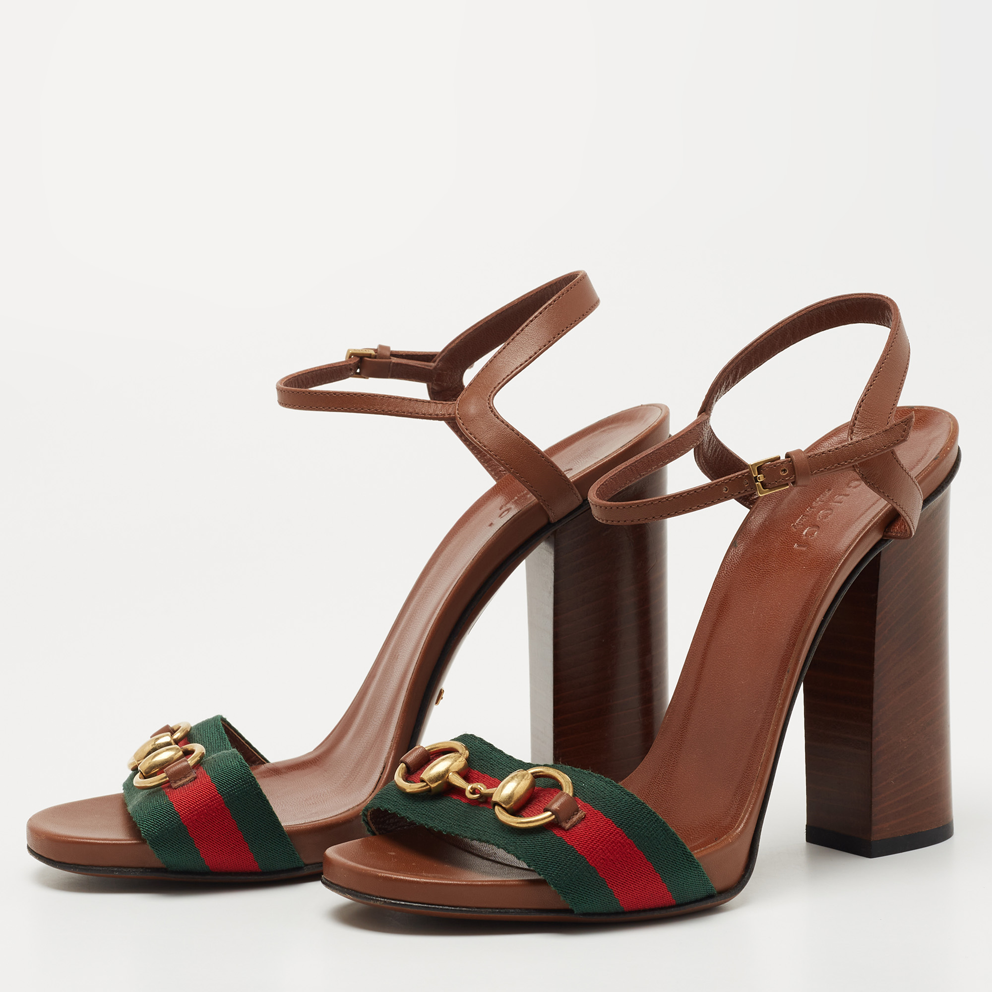 

Gucci Brown Leather Web Horsebit Ankle Strap Block Heel Sandals Size