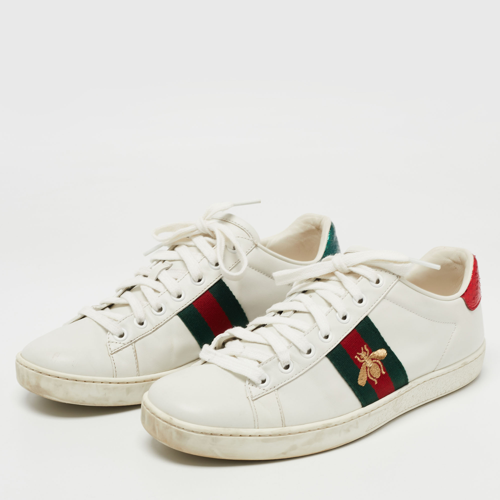 

Gucci White Leather and Python Embossed Ace Bee Embroidered Sneakers Size