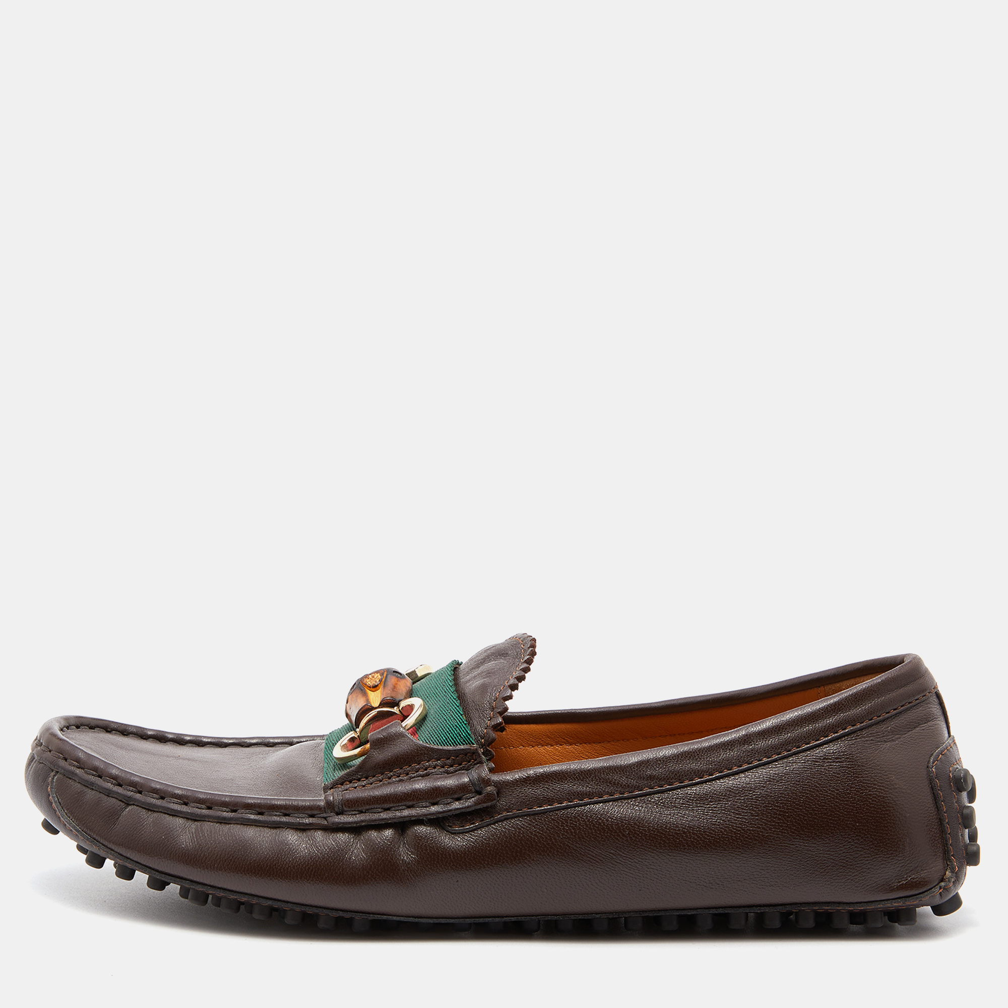 Gucci Dark Brown Leather Web Bamboo Horsebit Slip On Loafers
