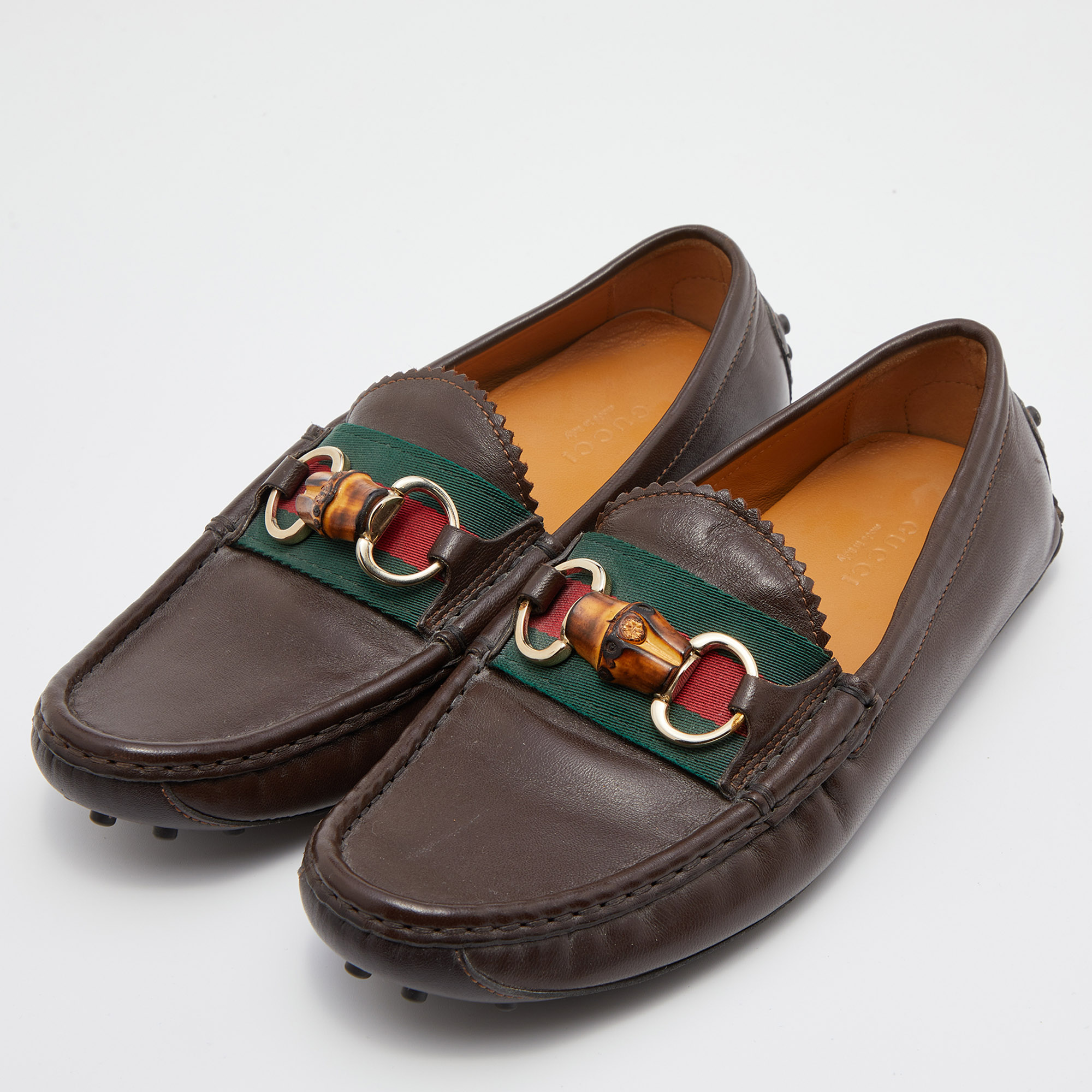 

Gucci Dark Brown Leather Web Bamboo Horsebit Slip On Loafers Size
