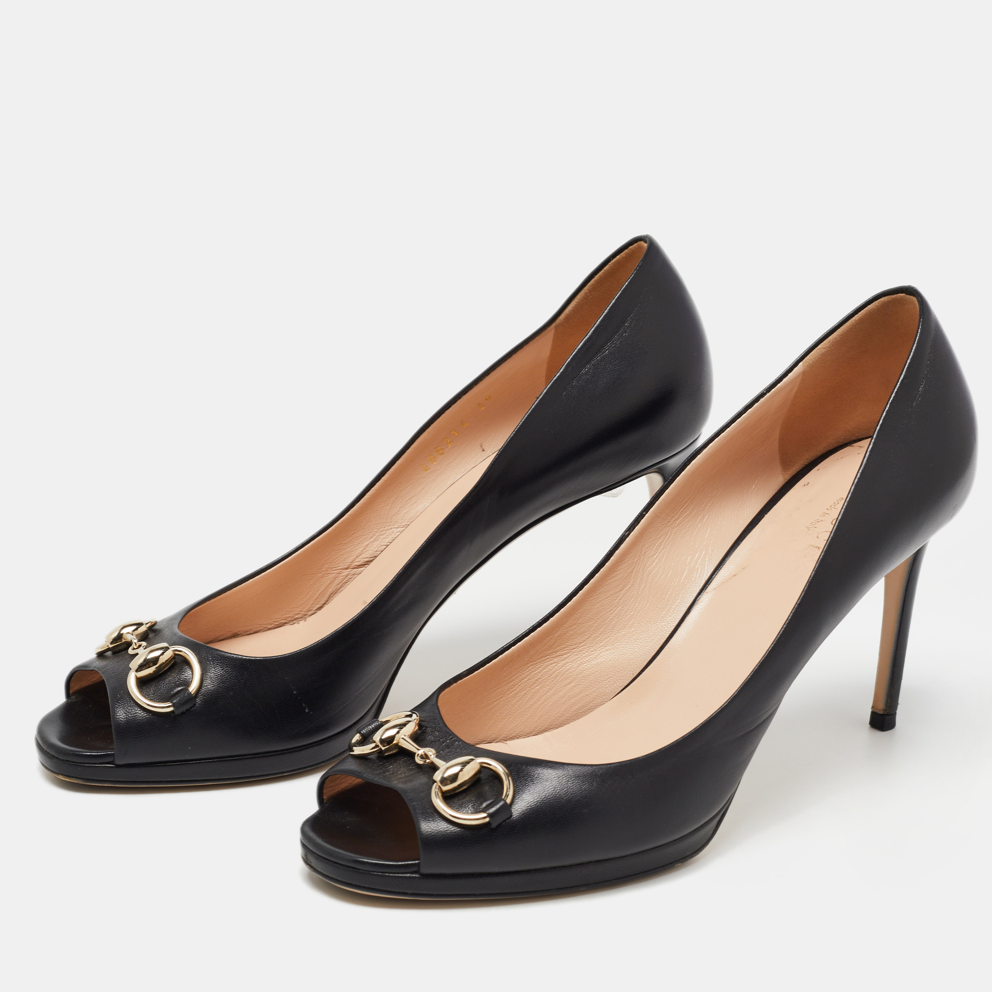 

Gucci Black Leather Horsebit Peep Toe Platform Pumps Size