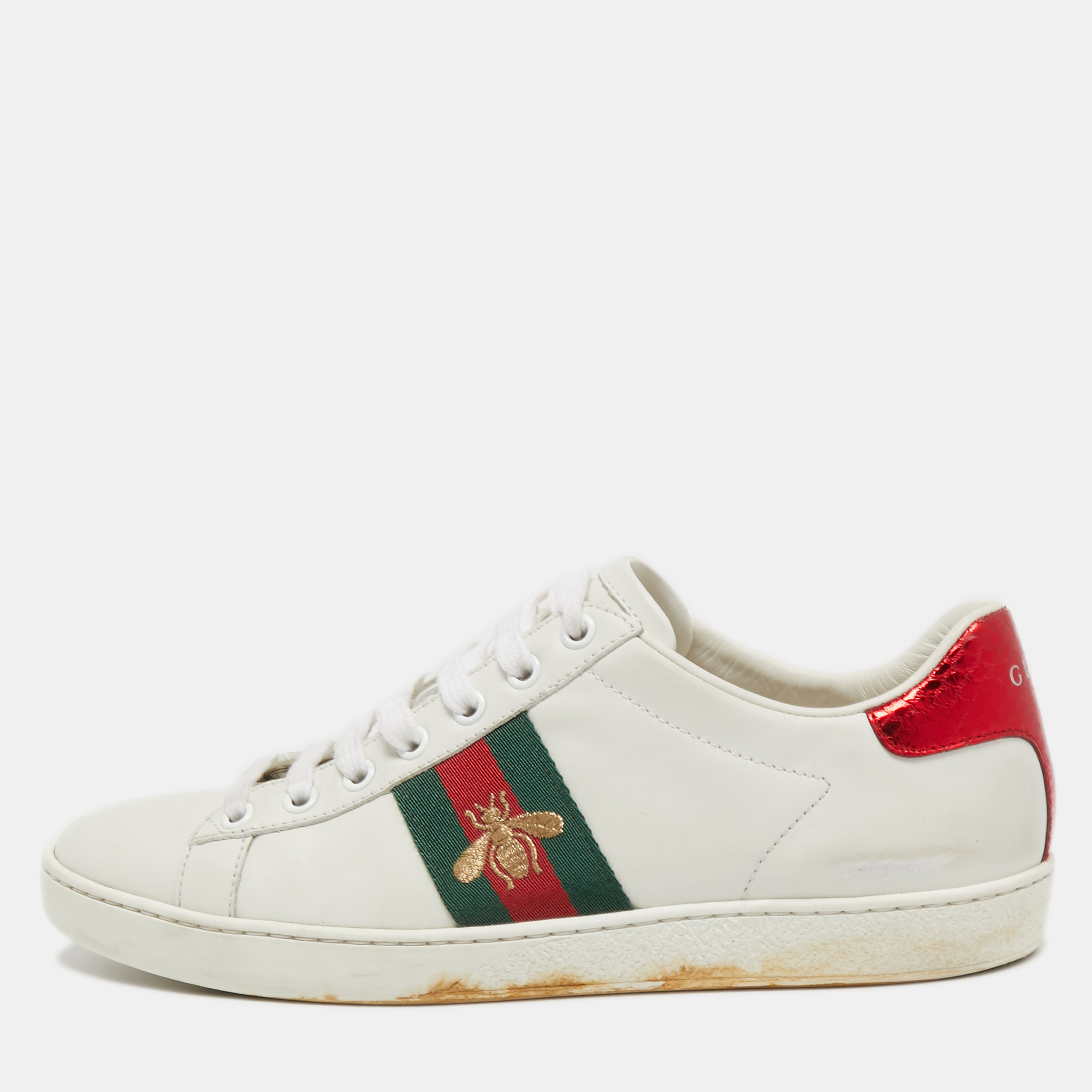 Pre-owned Gucci White Leather Bee Embroidered Ace Sneakers Size 38