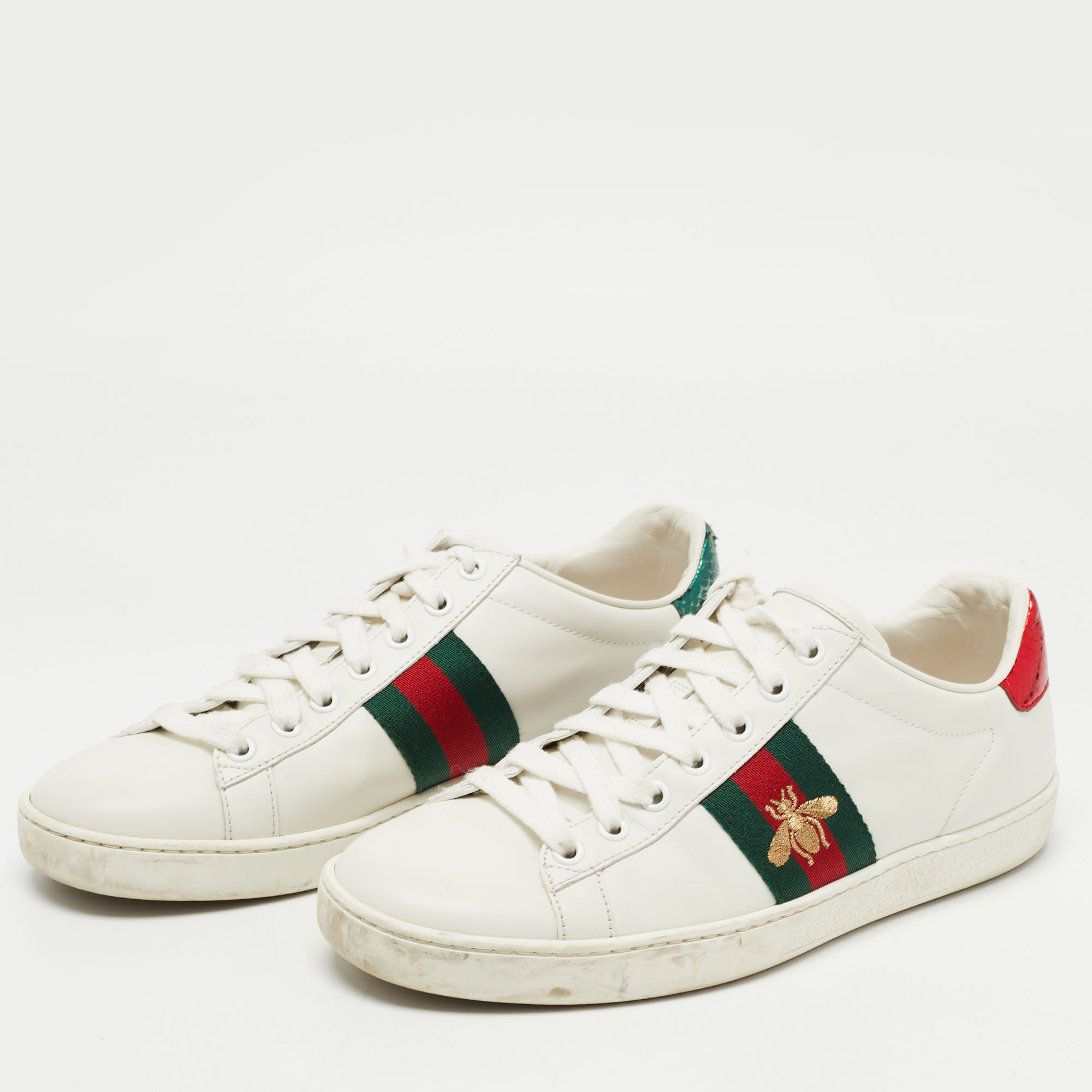 

Gucci White Leather Web Ace Bee Embroidered Sneakers Size