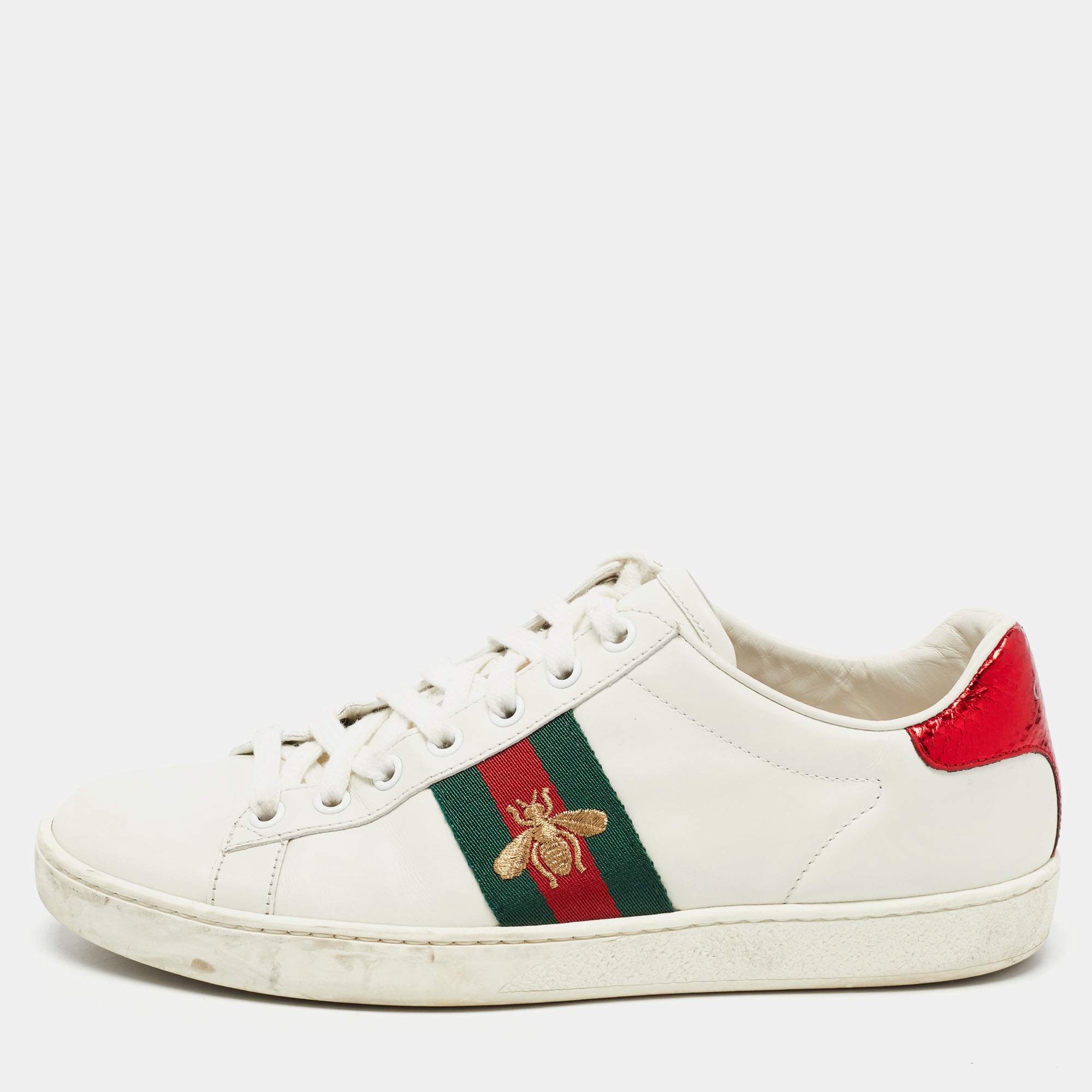 Pre-owned Gucci White Leather Web Ace Bee Embroidered Sneakers Size 37.5