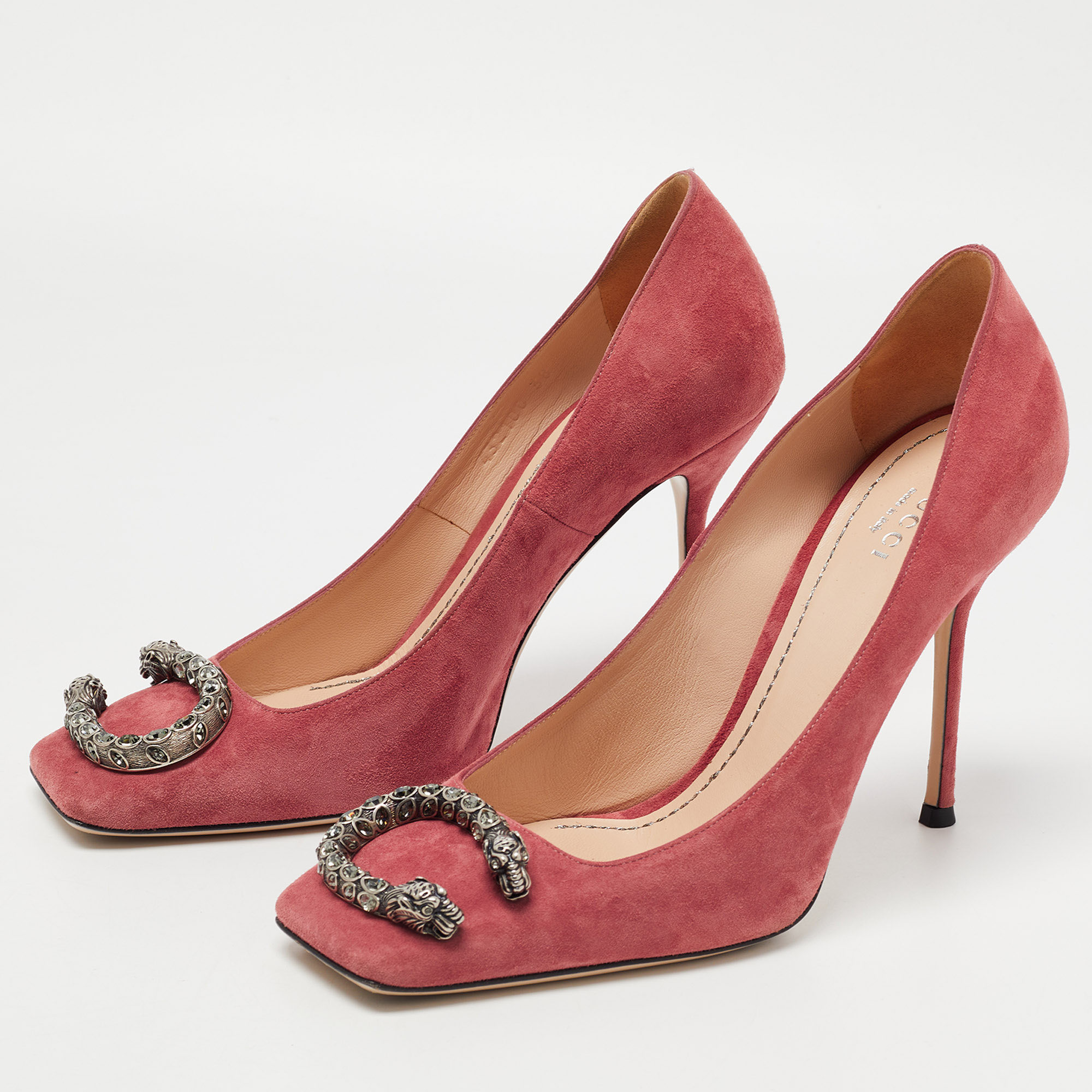 

Gucci Pink Suede Square Toe Dionysus Pumps Size