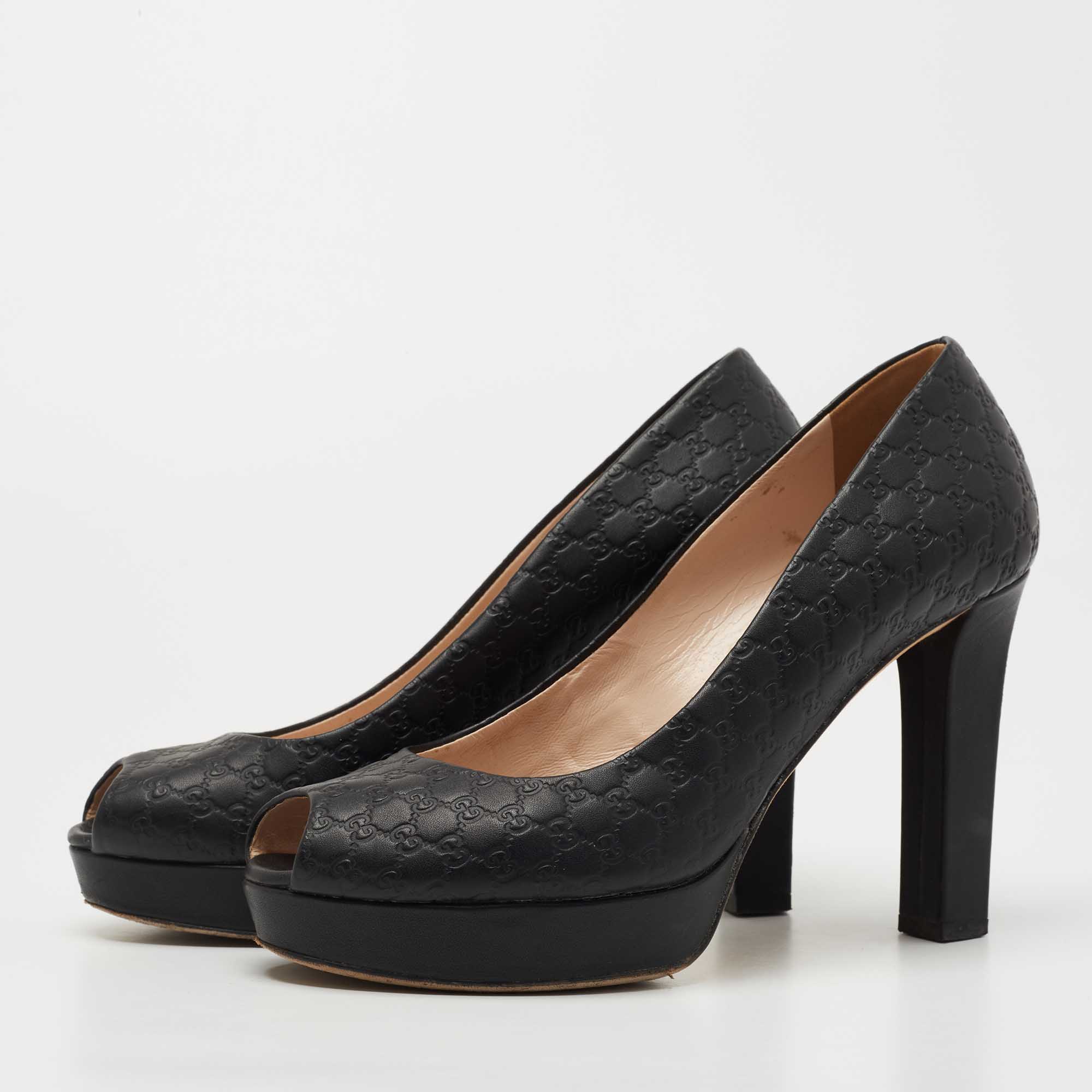 

Gucci Black Microguccissima Leather Peep Toe Platform Pumps Size