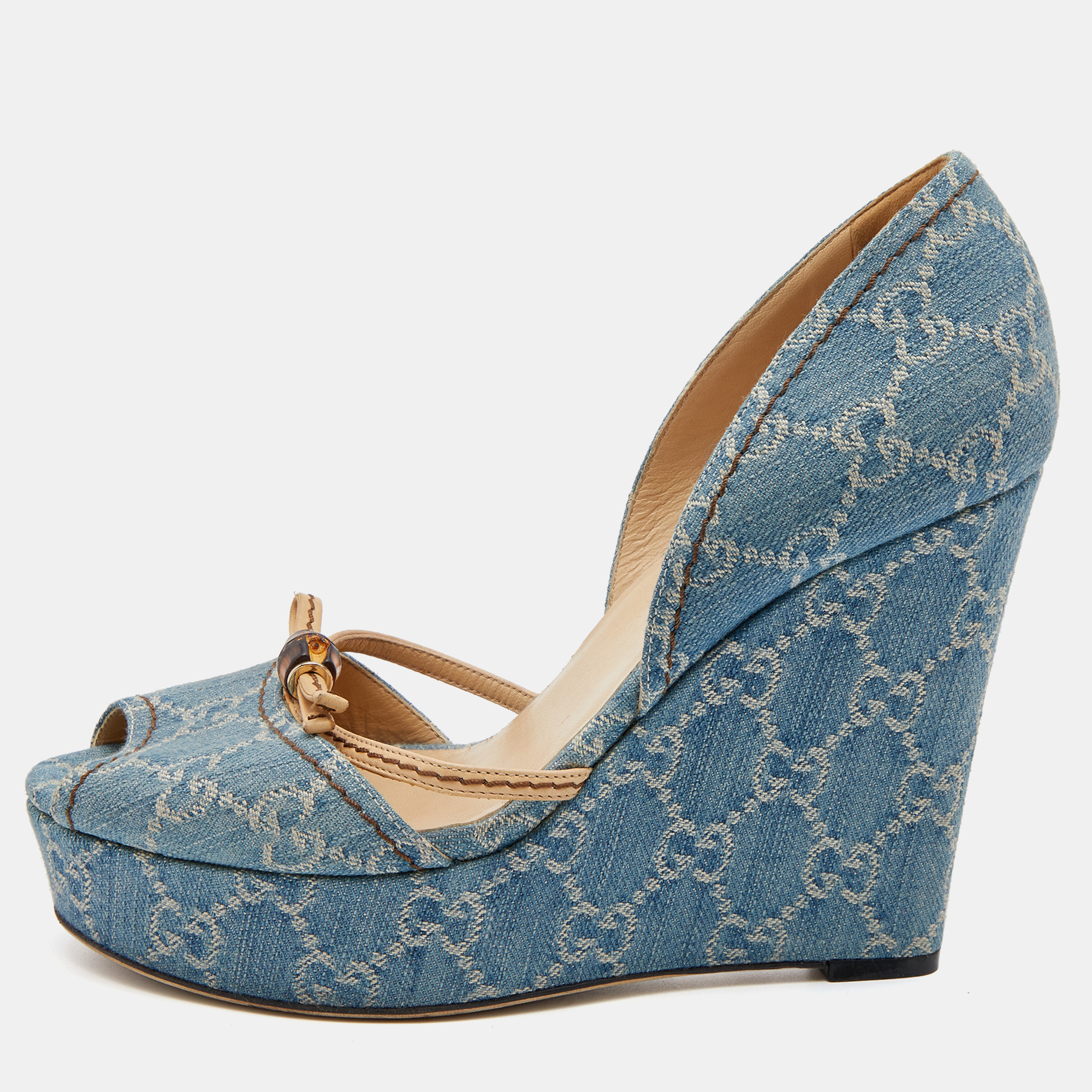 Pre-owned Gucci Blue Gg Canvas Bamboo Peep Toe Platform Wedge Pumps Size 39