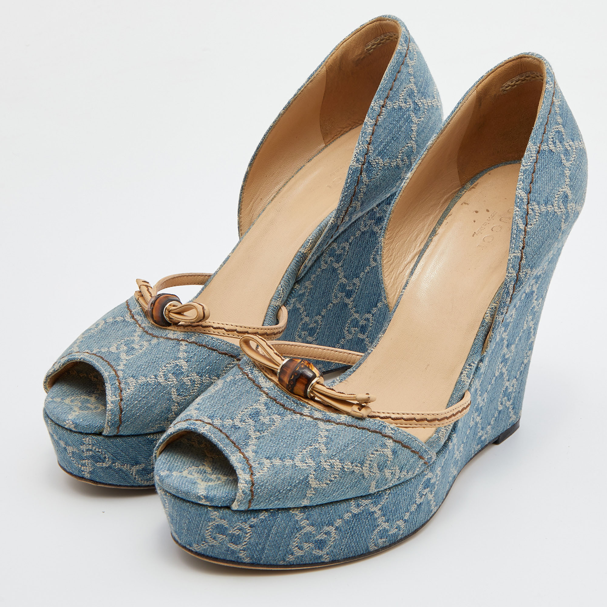 

Gucci Blue GG Canvas Bamboo Peep Toe Platform Wedge Pumps Size