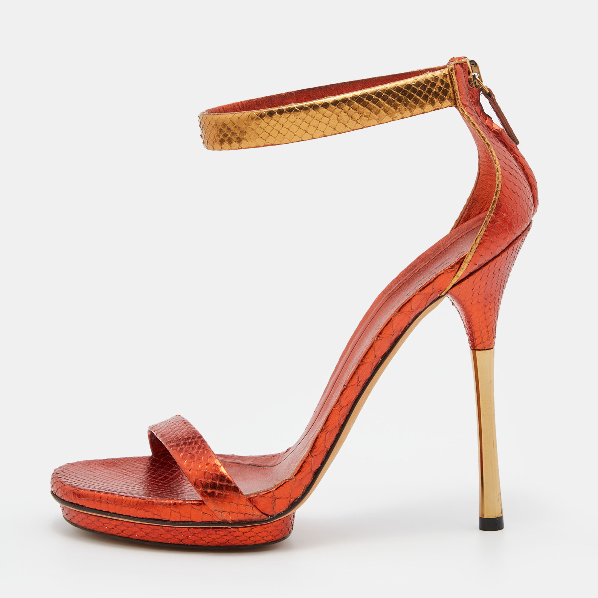 GUCCI Pre-owned Metallic Orange Python Leather Kelis Ankle Strap Sandals Size 38