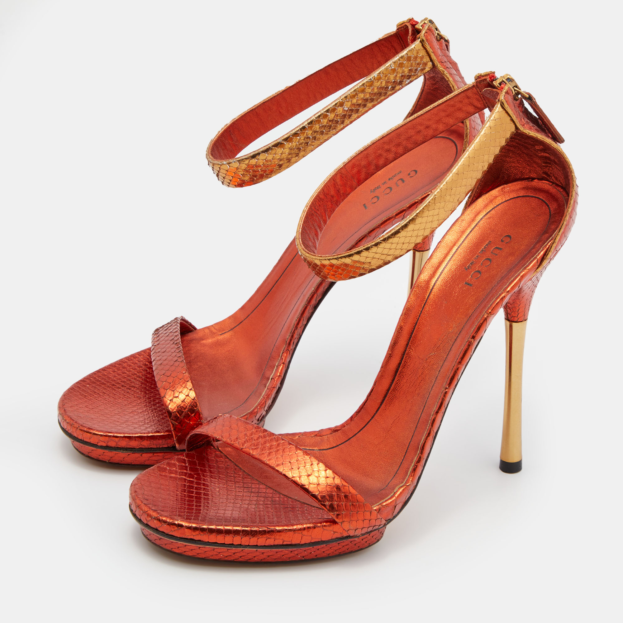 

Gucci Metallic Orange Python Leather Kelis Ankle Strap Sandals Size