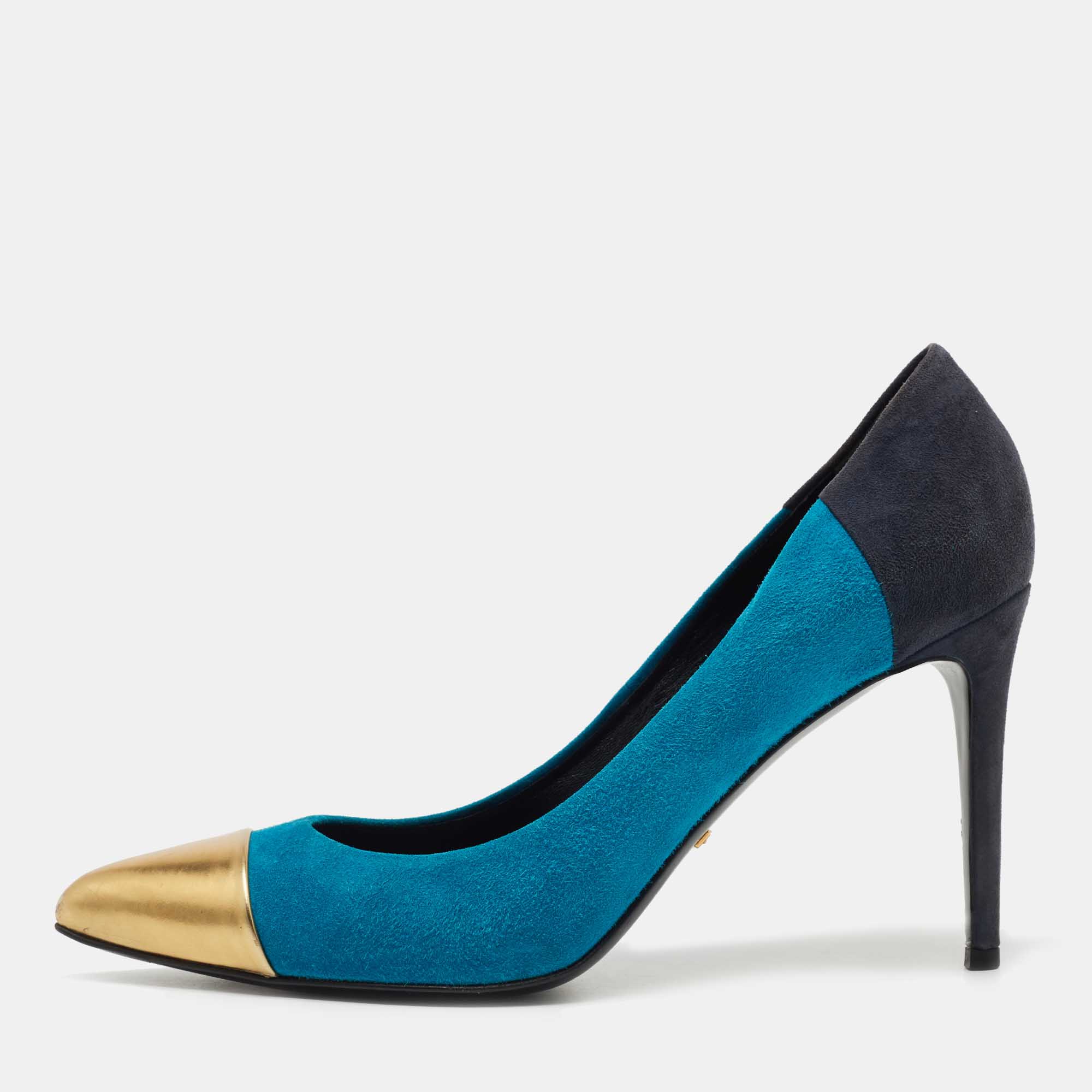 Pre-owned Gucci Tricolor Suede And Leather Pointed Cap Toe Pumps Size 40 In Blue