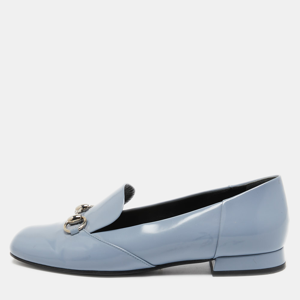 Pre-owned Gucci Light Blue Glossy Leather Horsebit Loafers Size 37.5